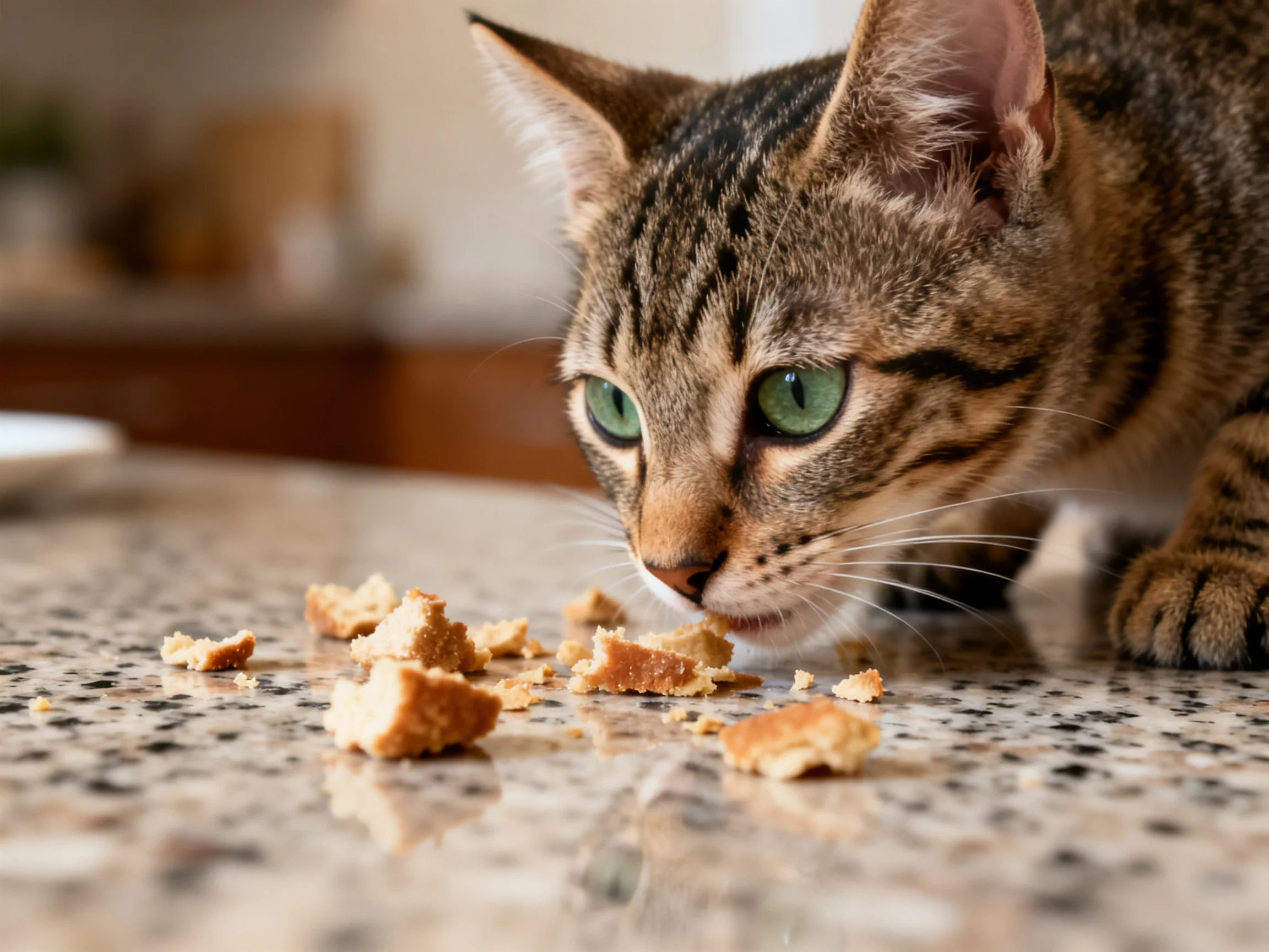 A tabby cat with green eyes eats bread crumbs on a granite surface.