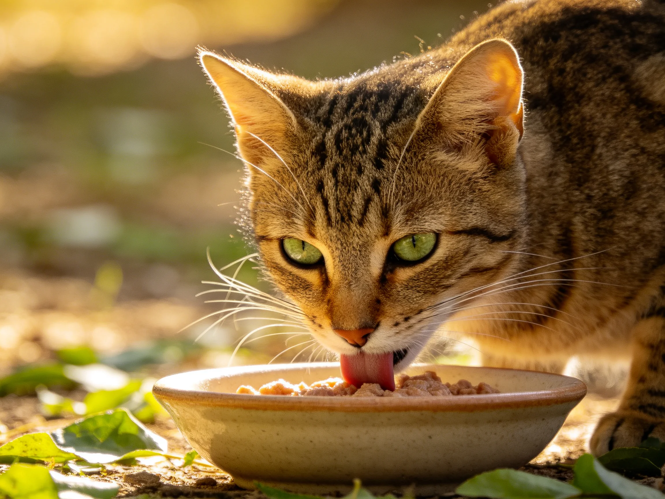 A tabby cat with green eyes eats from an outdoor ceramic bowl