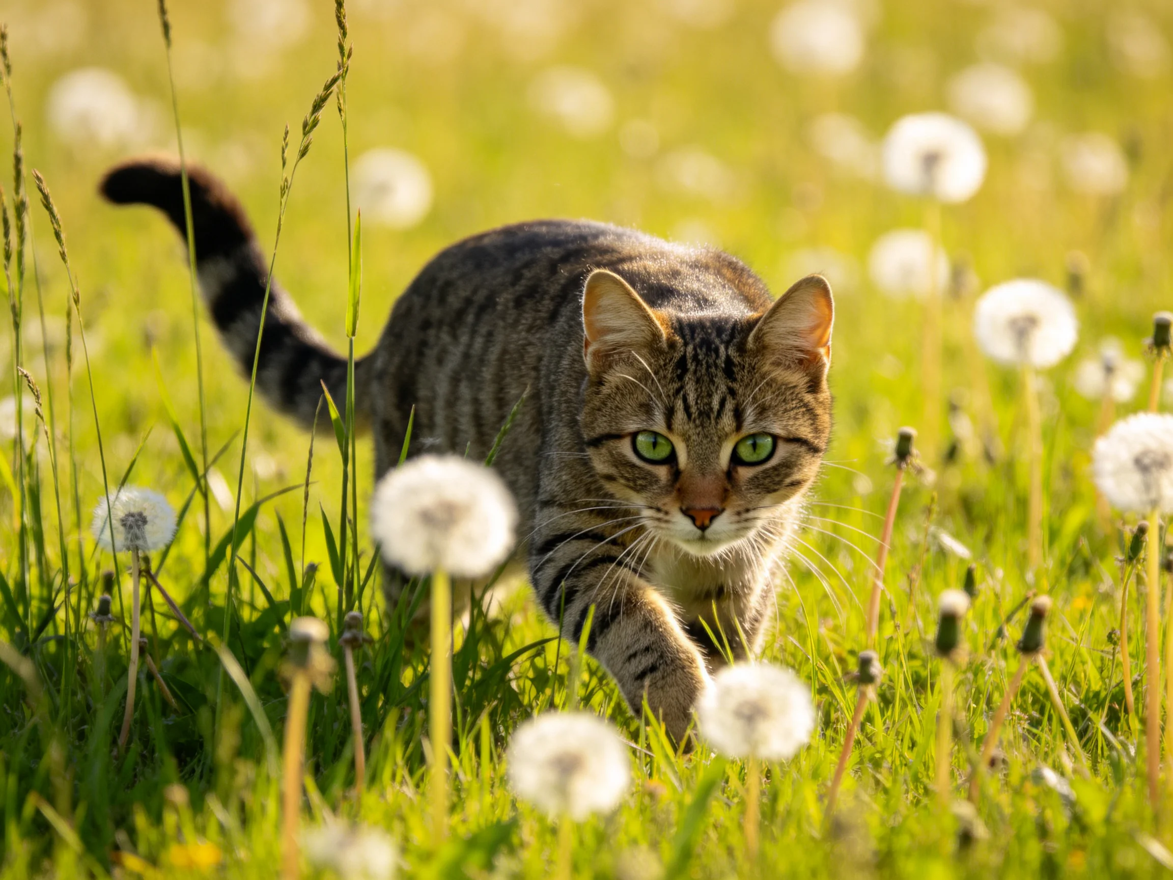 A tabby cat with green eyes explores a sunlit meadow of dandelions