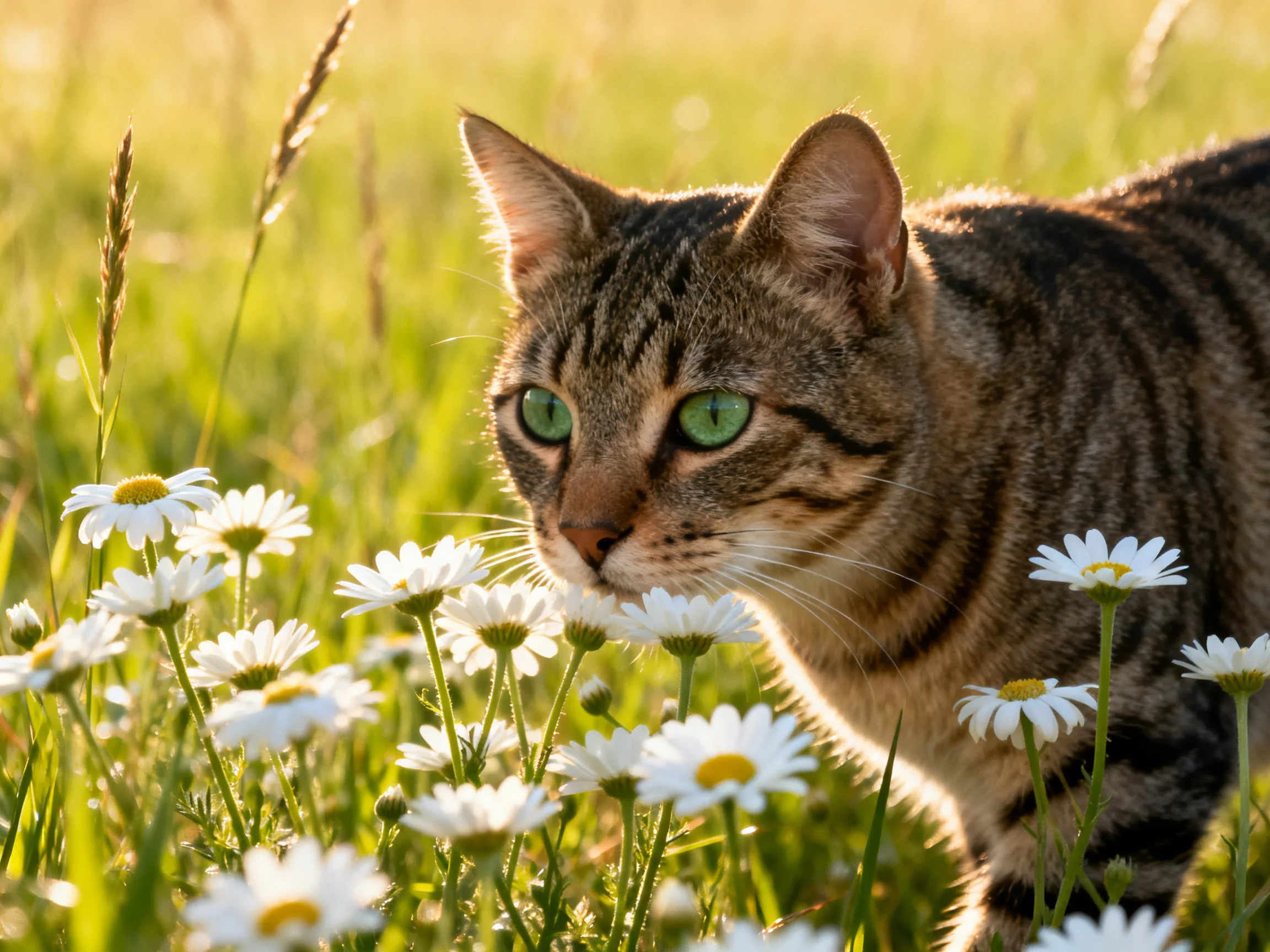 A tabby cat with green eyes explores white daisies in a sunlit meadow