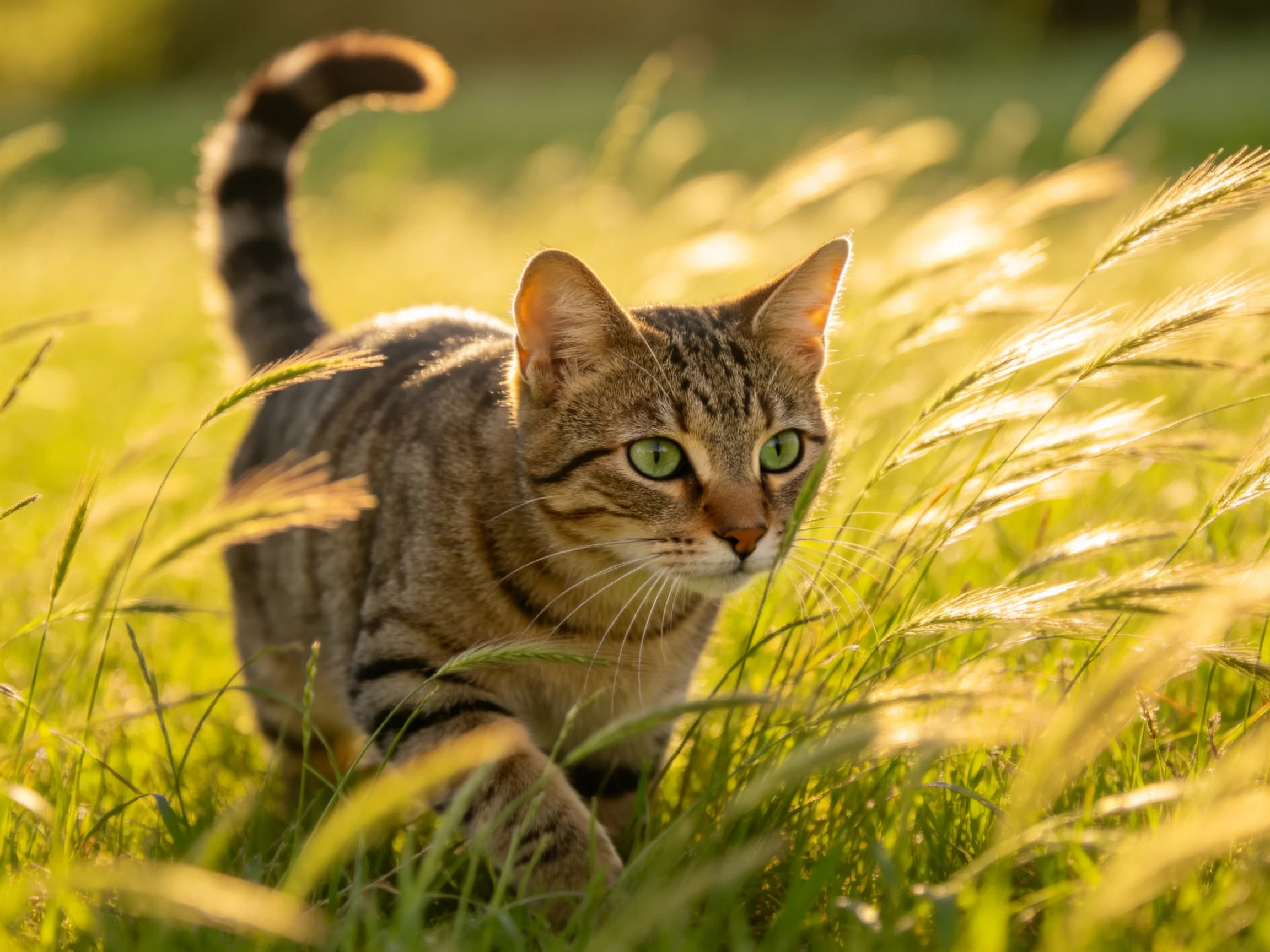 A tabby cat with green eyes exploring sunlit golden grasses