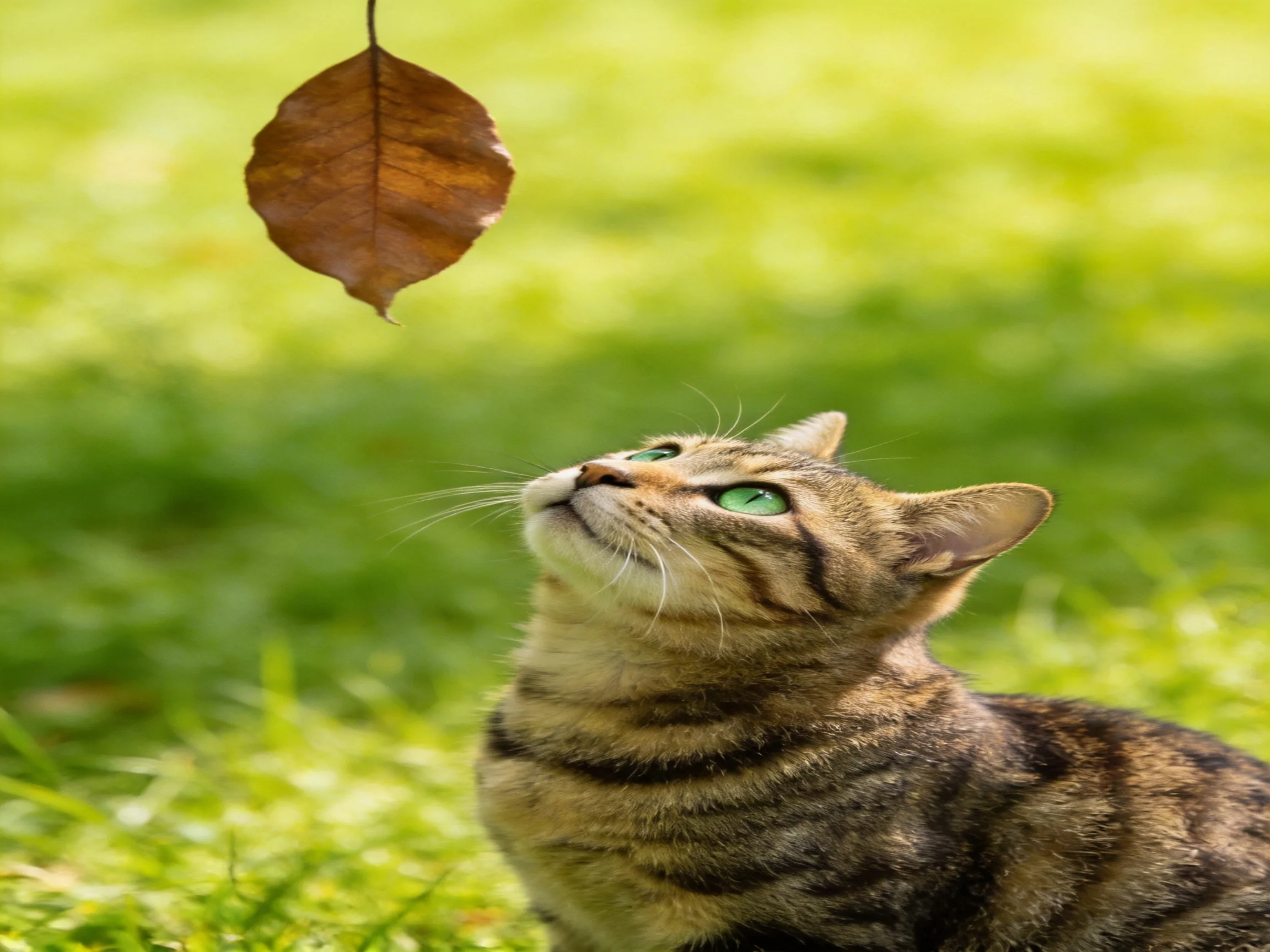 A tabby cat with green eyes gazes at a single brown leaf amid bright green grass