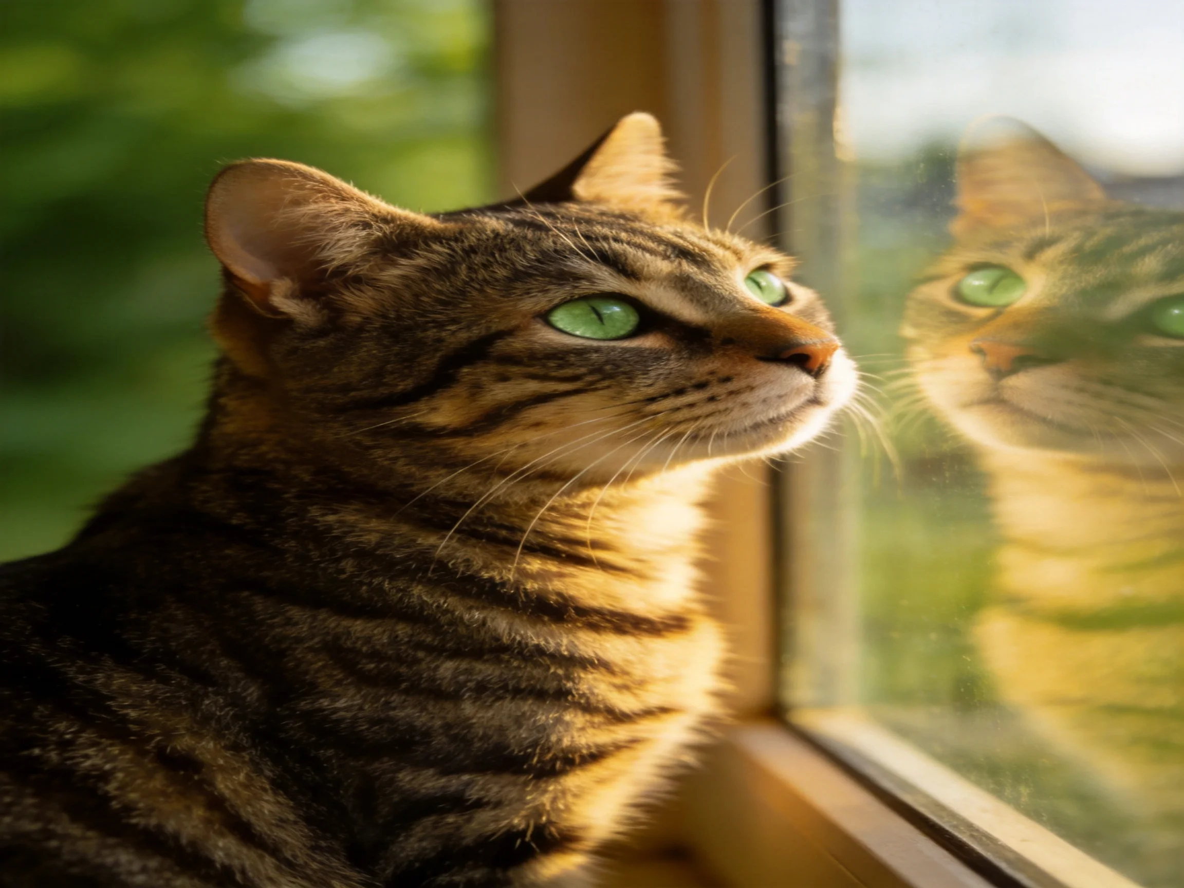 A tabby cat with green eyes gazes out a sunlit window with its reflection