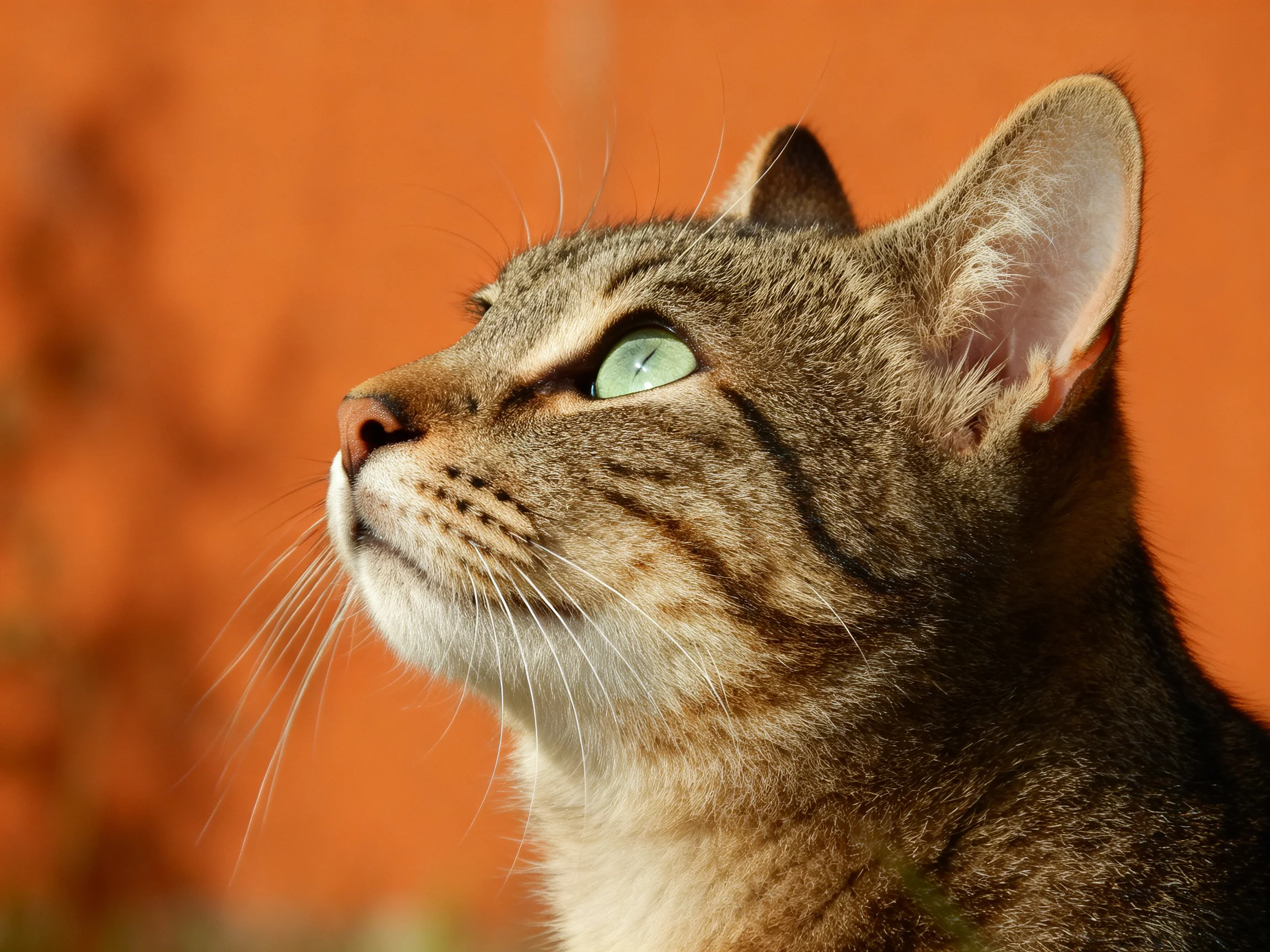 A tabby cat with green eyes gazes upward against an orange blurred backdrop