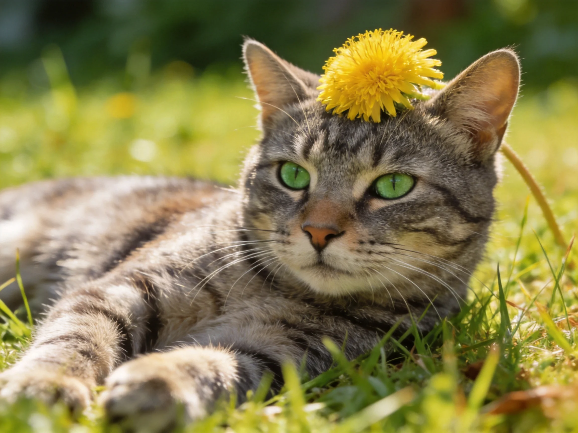 A tabby cat with green eyes rests on grass with a yellow flower on its head.