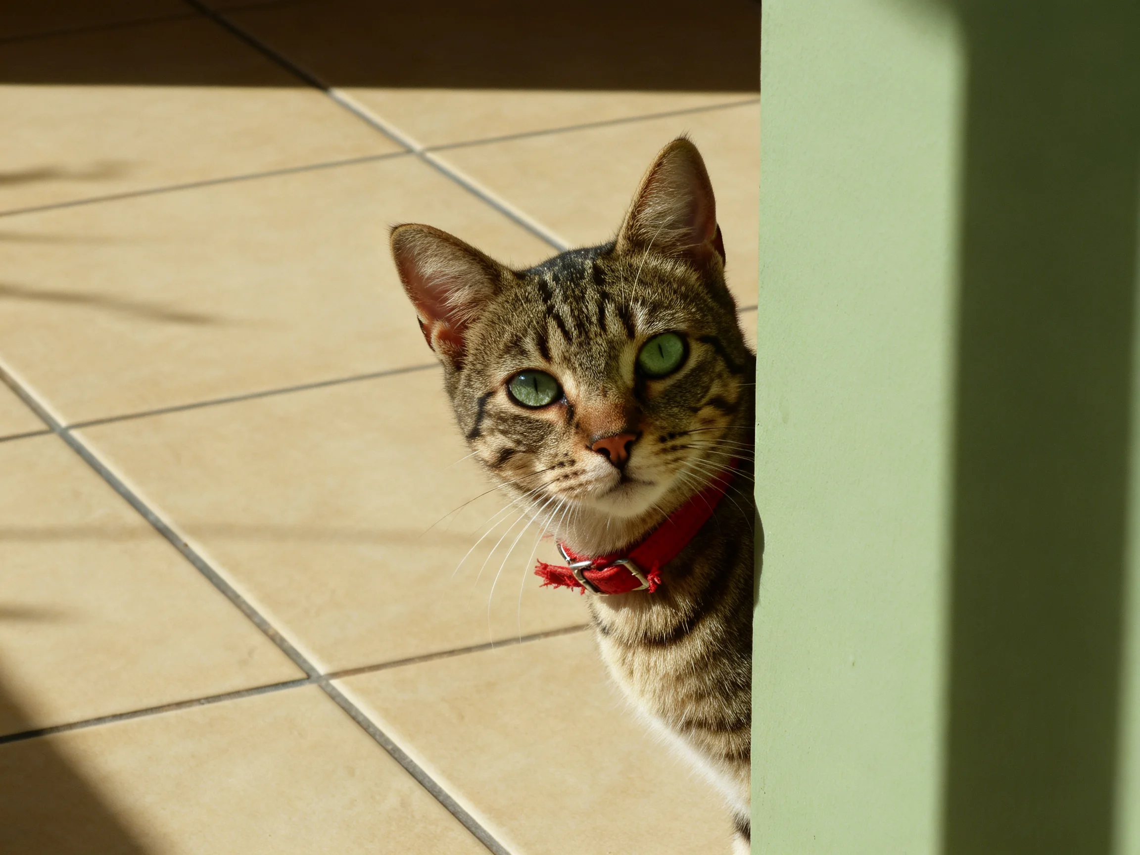 A tabby cat with green eyes hides behind a green structure on tiled flooring