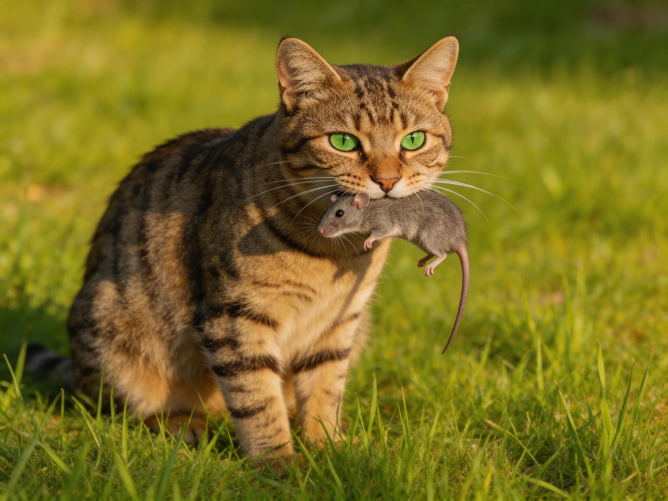 A tabby cat with green eyes holds a gray rodent in tall grass