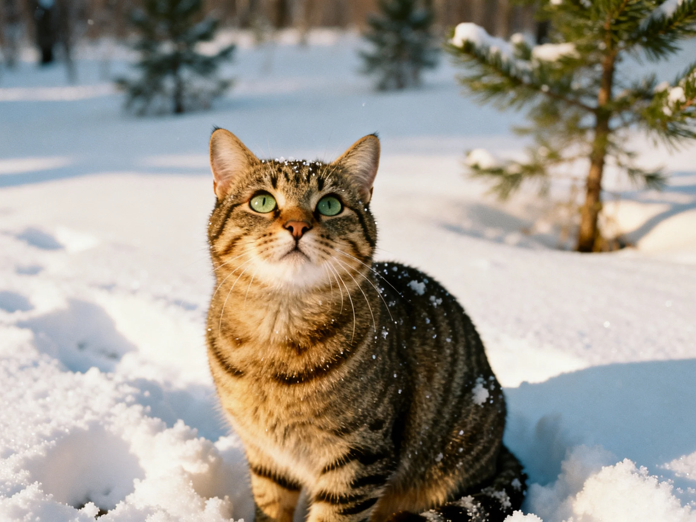 A tabby cat with green eyes sits on snow in a wintry outdoor setting.