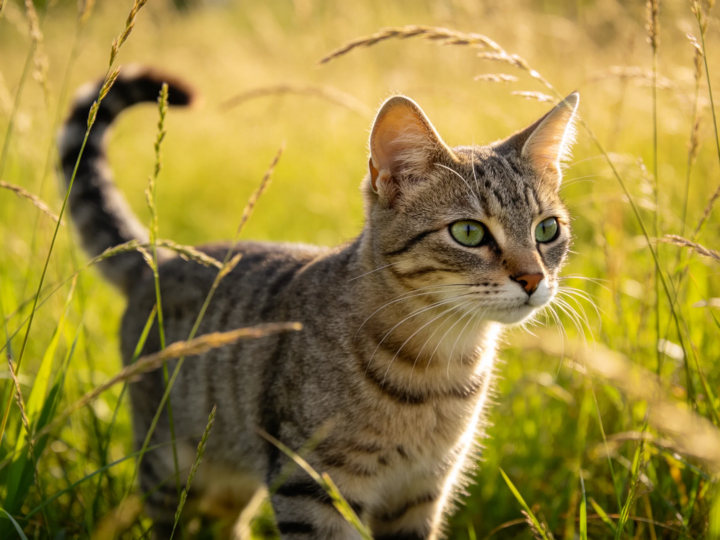 A tabby cat with green eyes stands among tall grass in sunlight.