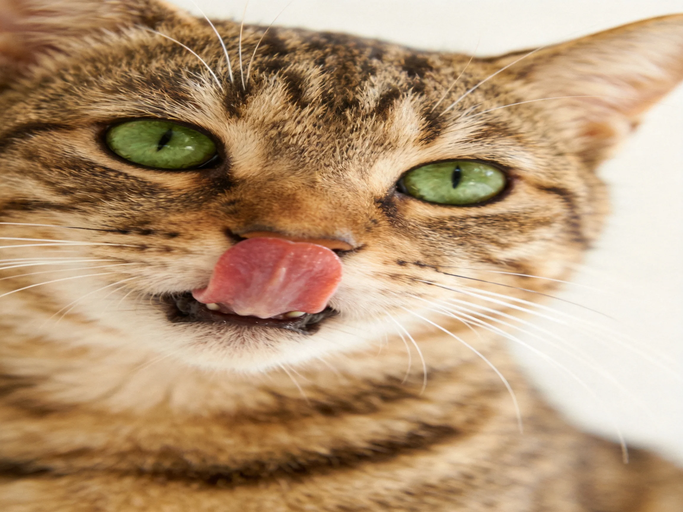 A tabby cat with green eyes licks its nose, displaying striped fur patterns