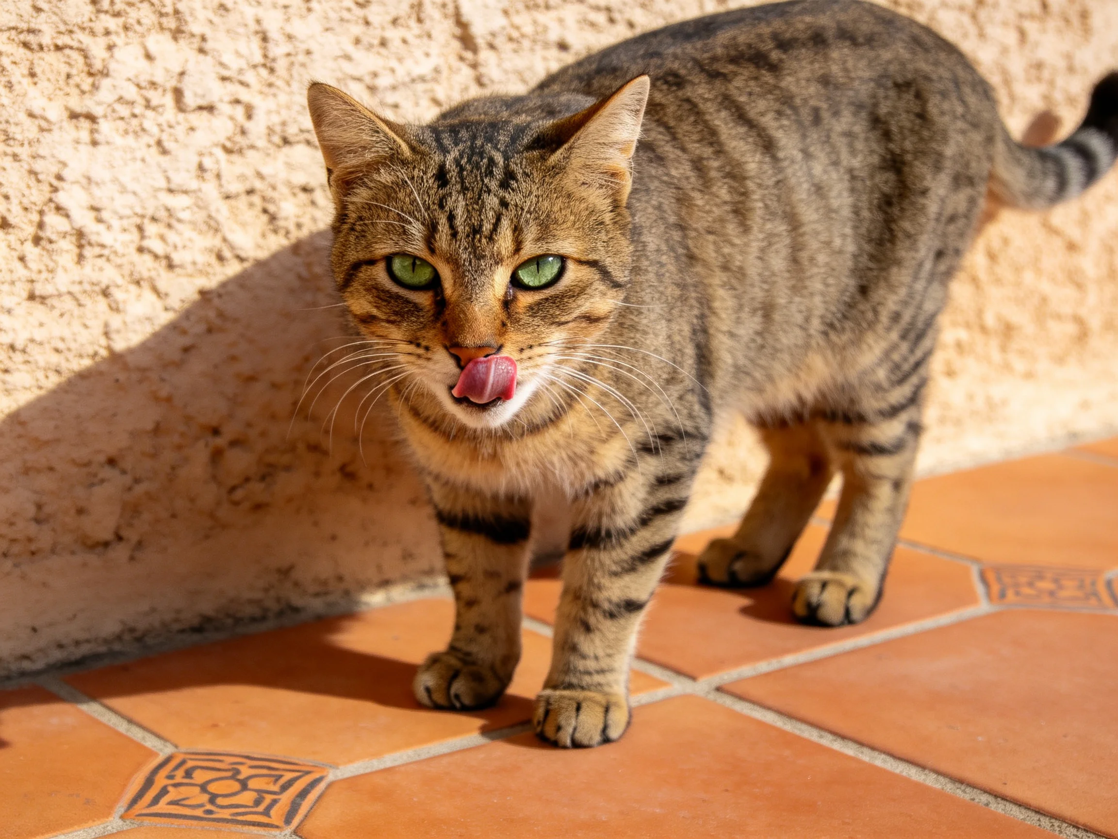 A tabby cat with green eyes licks near a textured wall on terracotta tiles