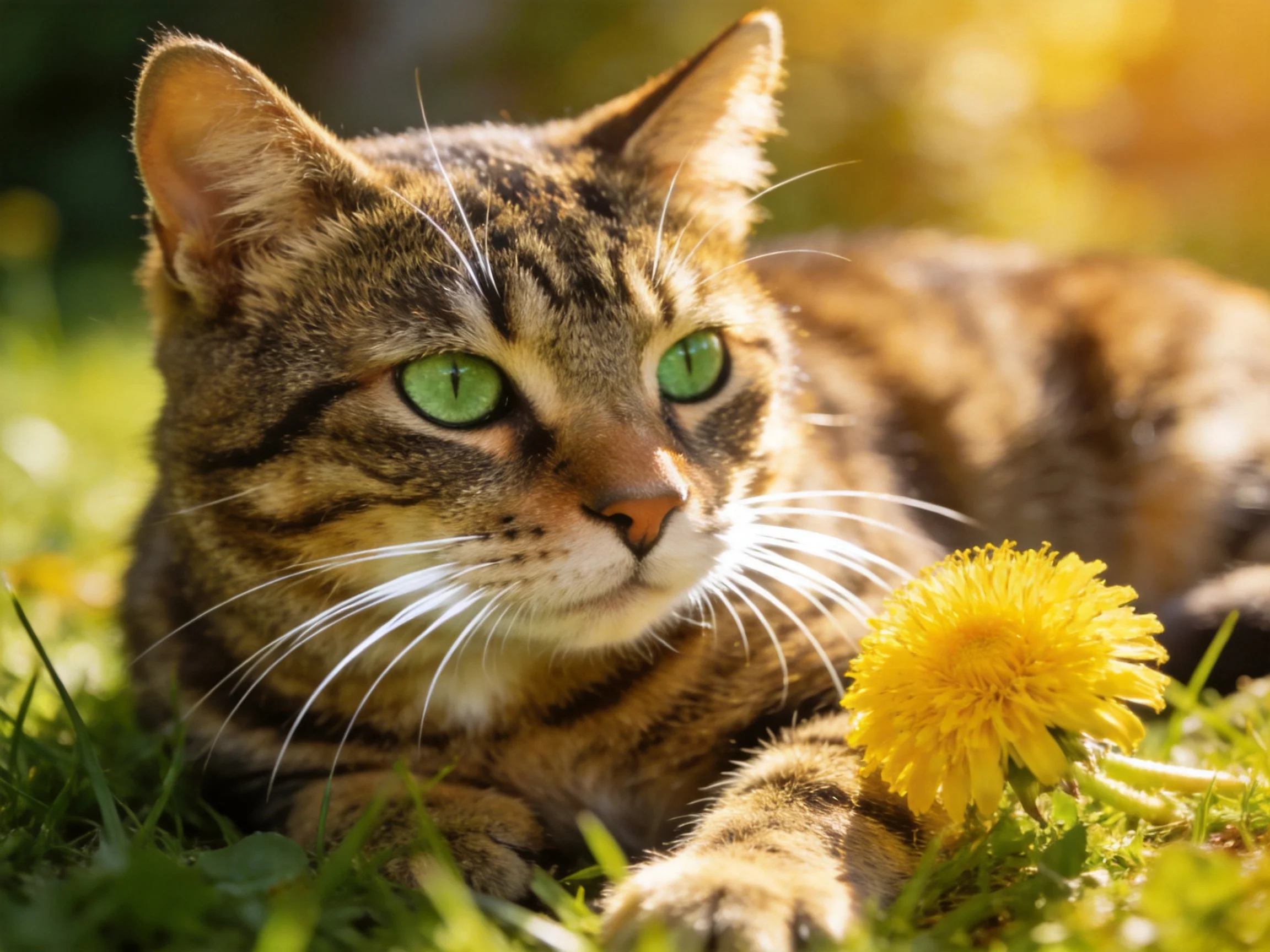 A tabby cat with green eyes rests beside a yellow dandelion in grass