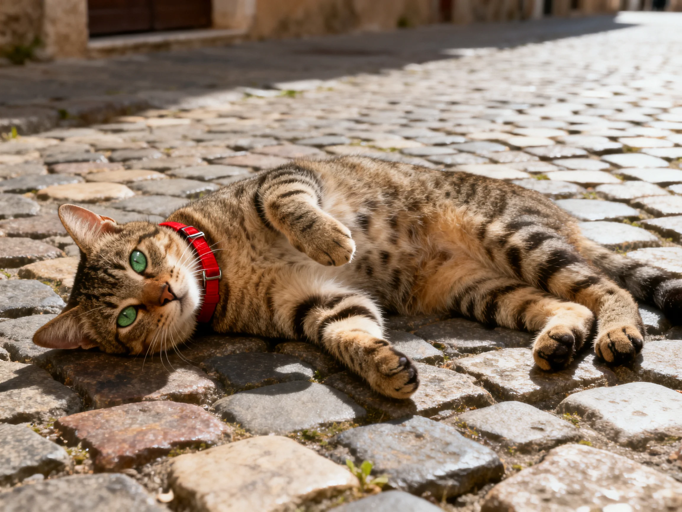 A tabby cat with green eyes lies on a cobblestone street with a red collar