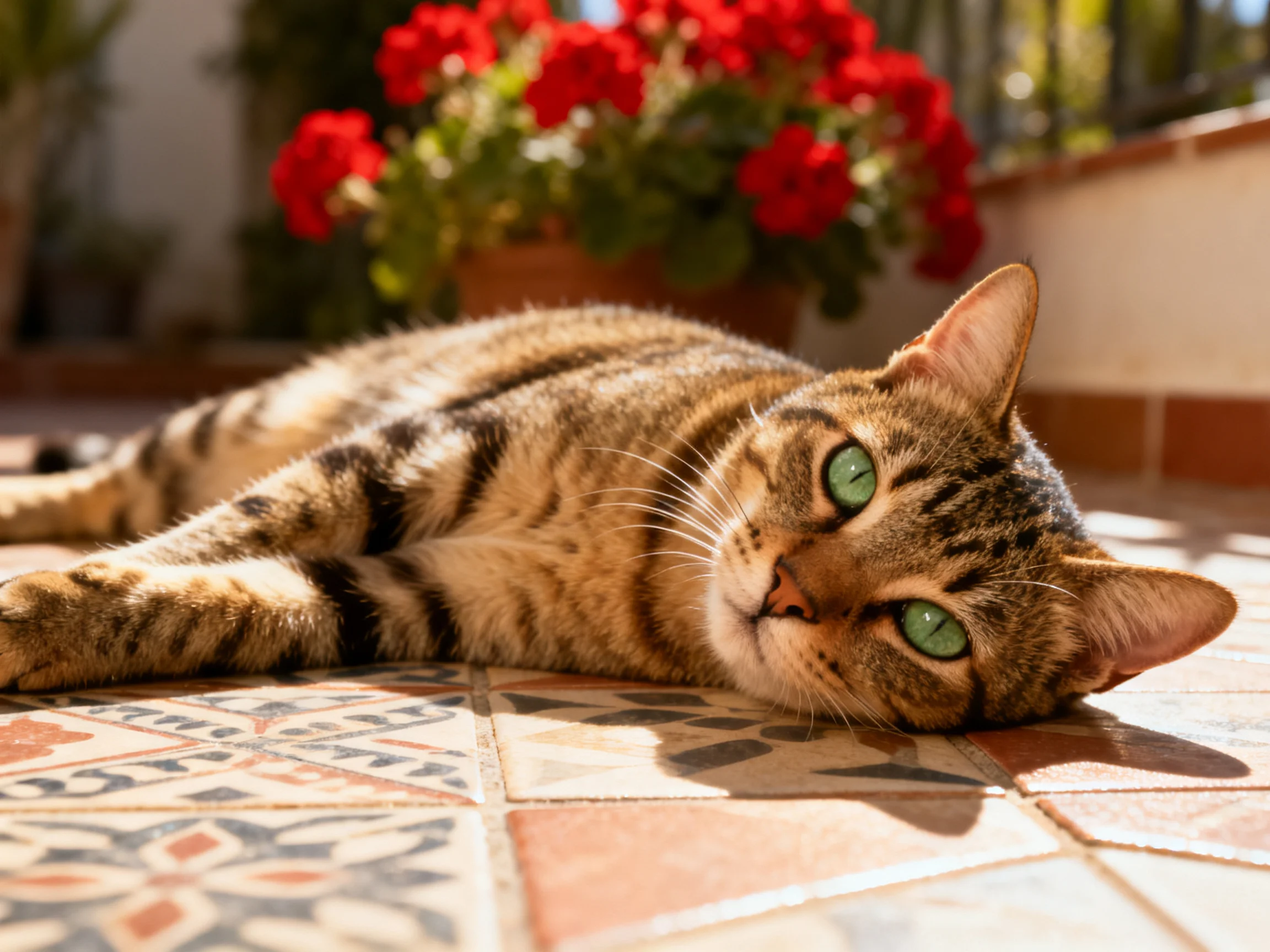A tabby cat with green eyes relaxes on tiled flooring near red flowers.
