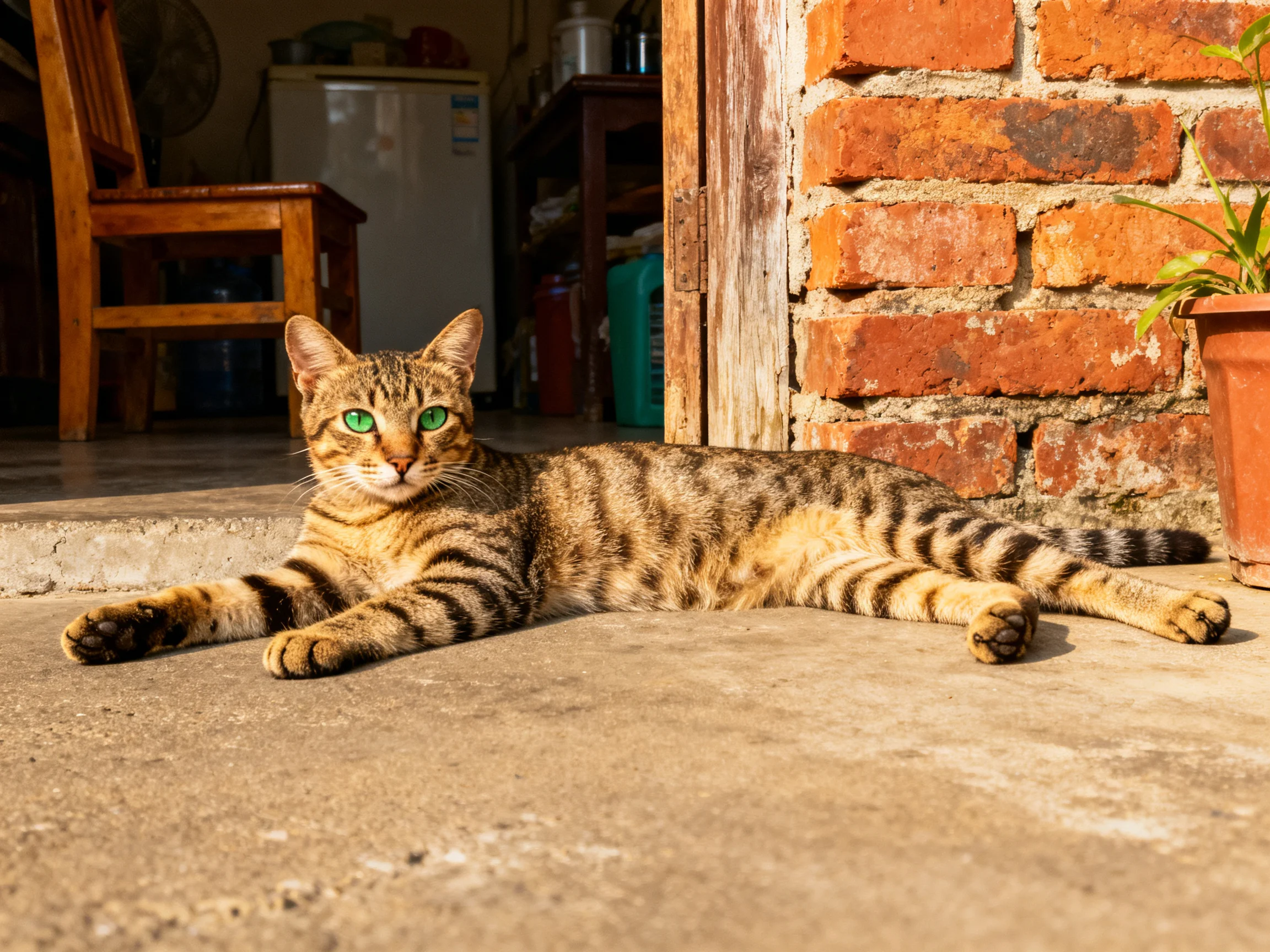 A tabby cat with green eyes lounges near a weathered brick wall