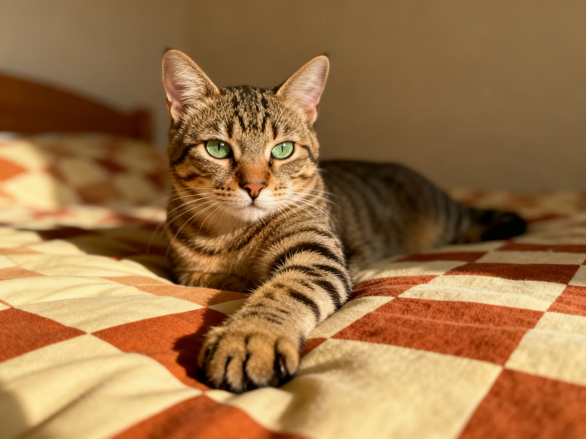 A tabby cat with green eyes lounges on a brown-and-beige checkered bedspread