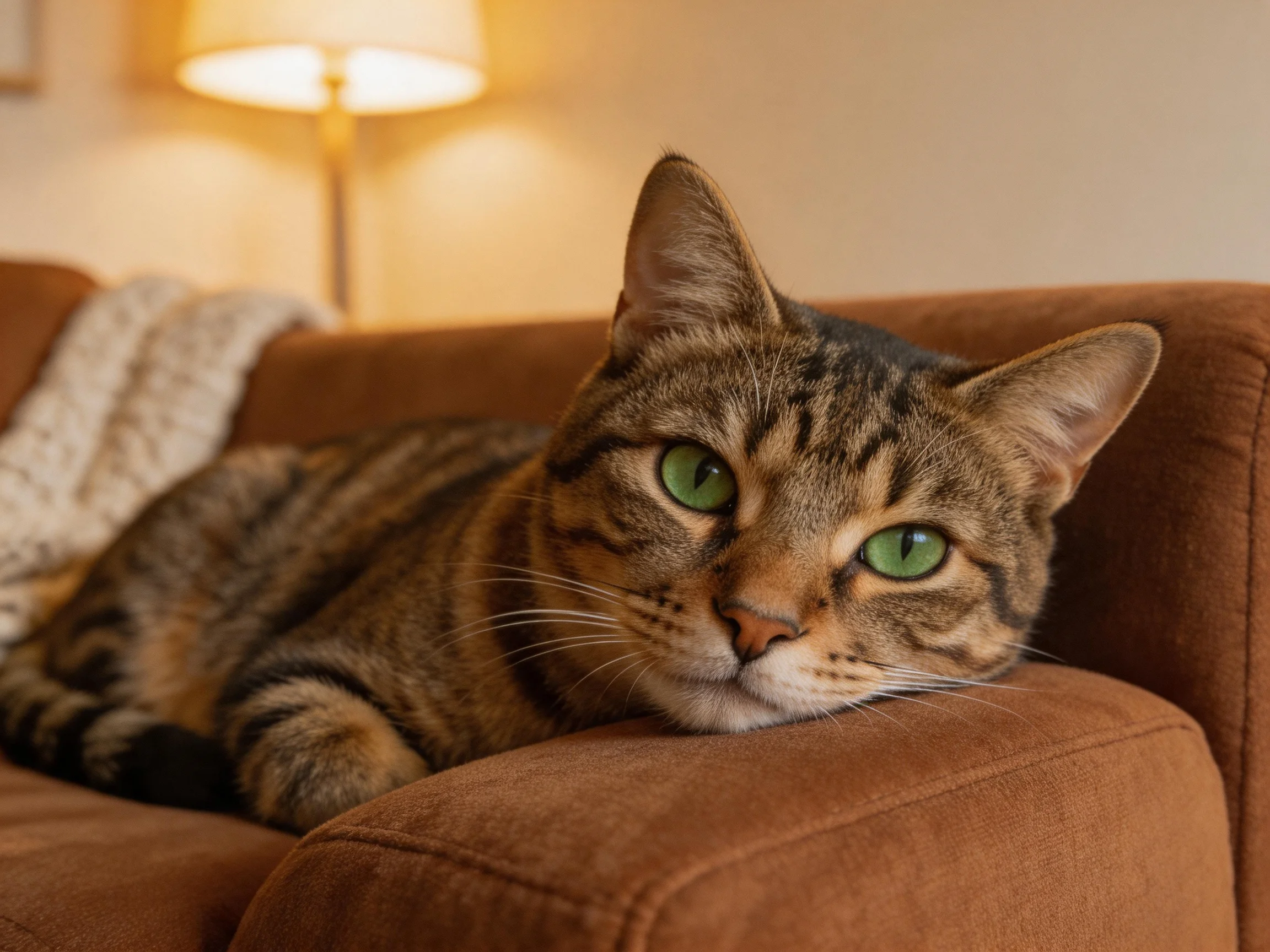 A tabby cat with green eyes lounges on a brown sofa near a lit lamp
