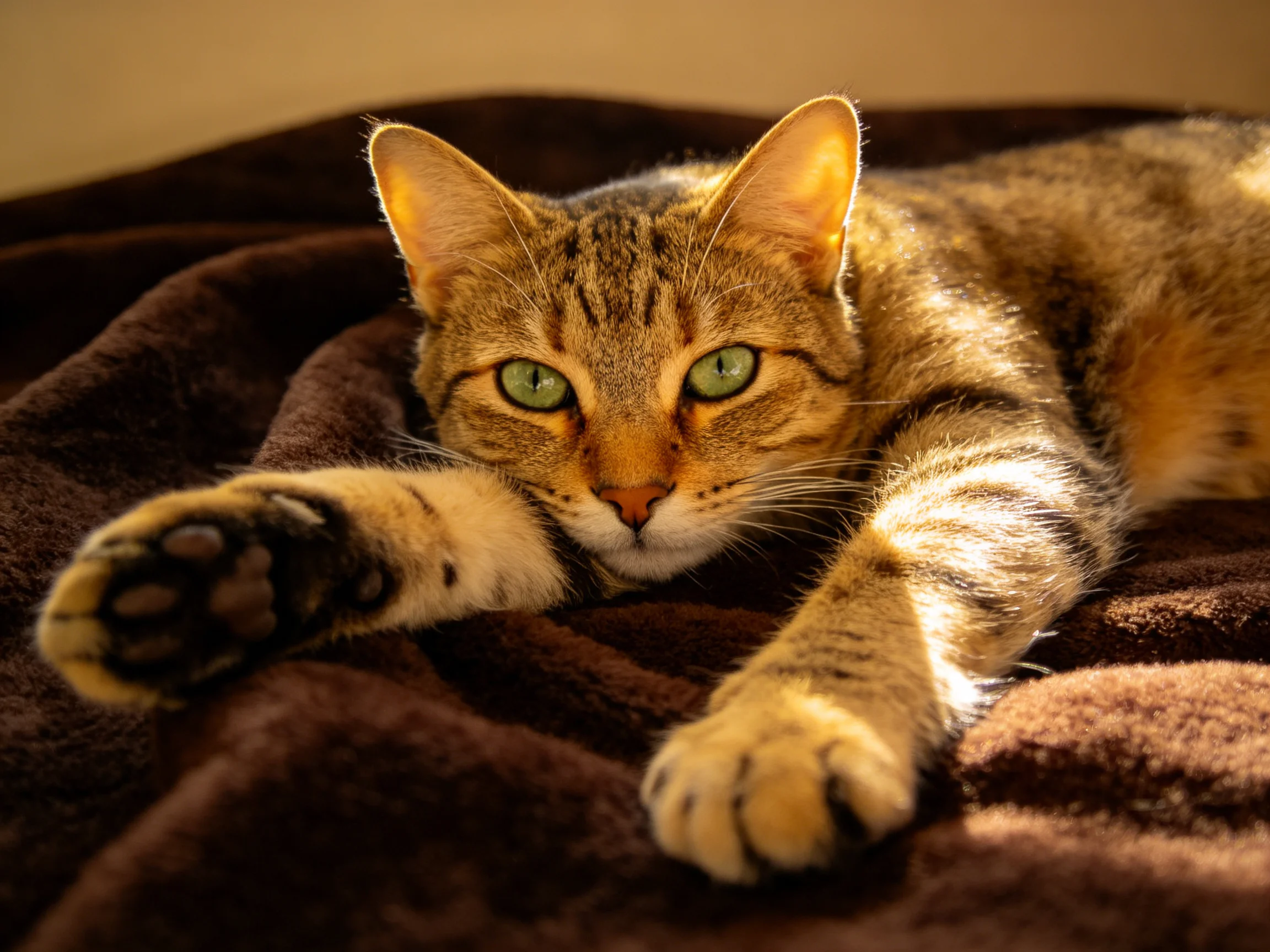 A tabby cat with green eyes lounges on a soft brown blanket