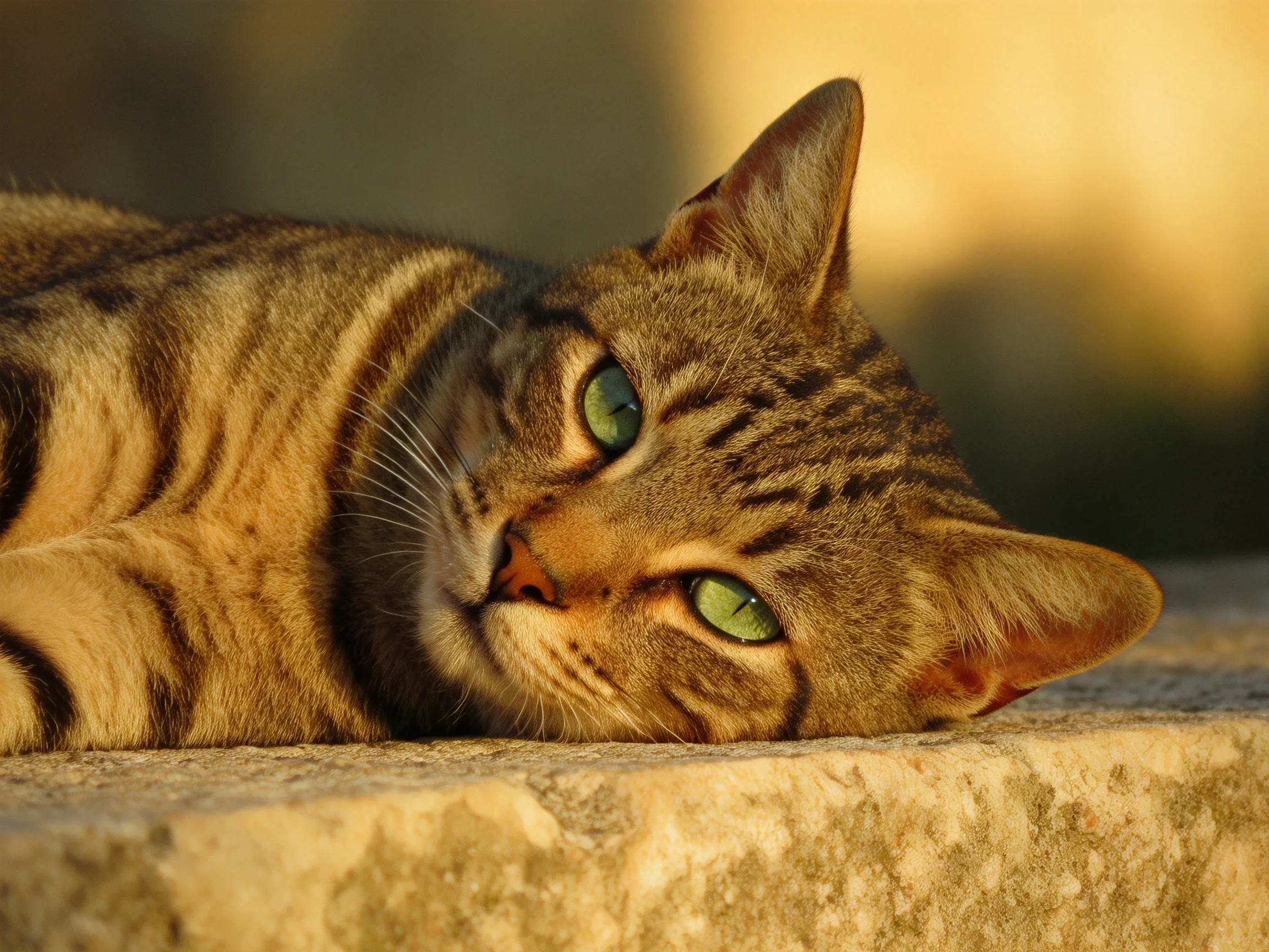 A tabby cat with green eyes lounges on a stone ledge in golden light