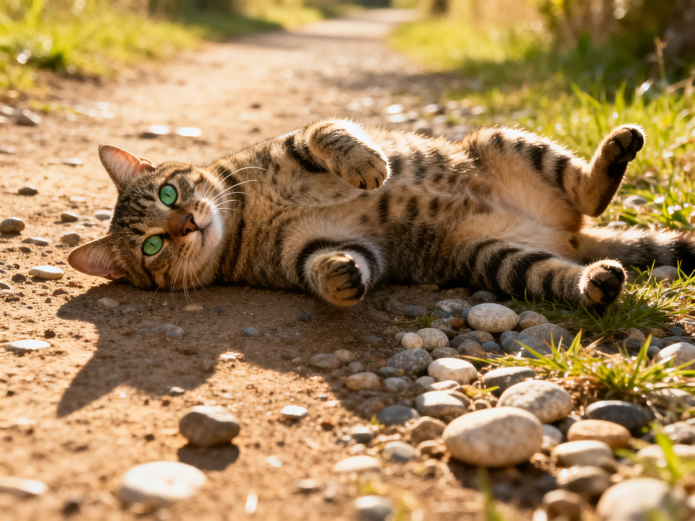 A tabby cat with green eyes lounges on a sunlit dirt path