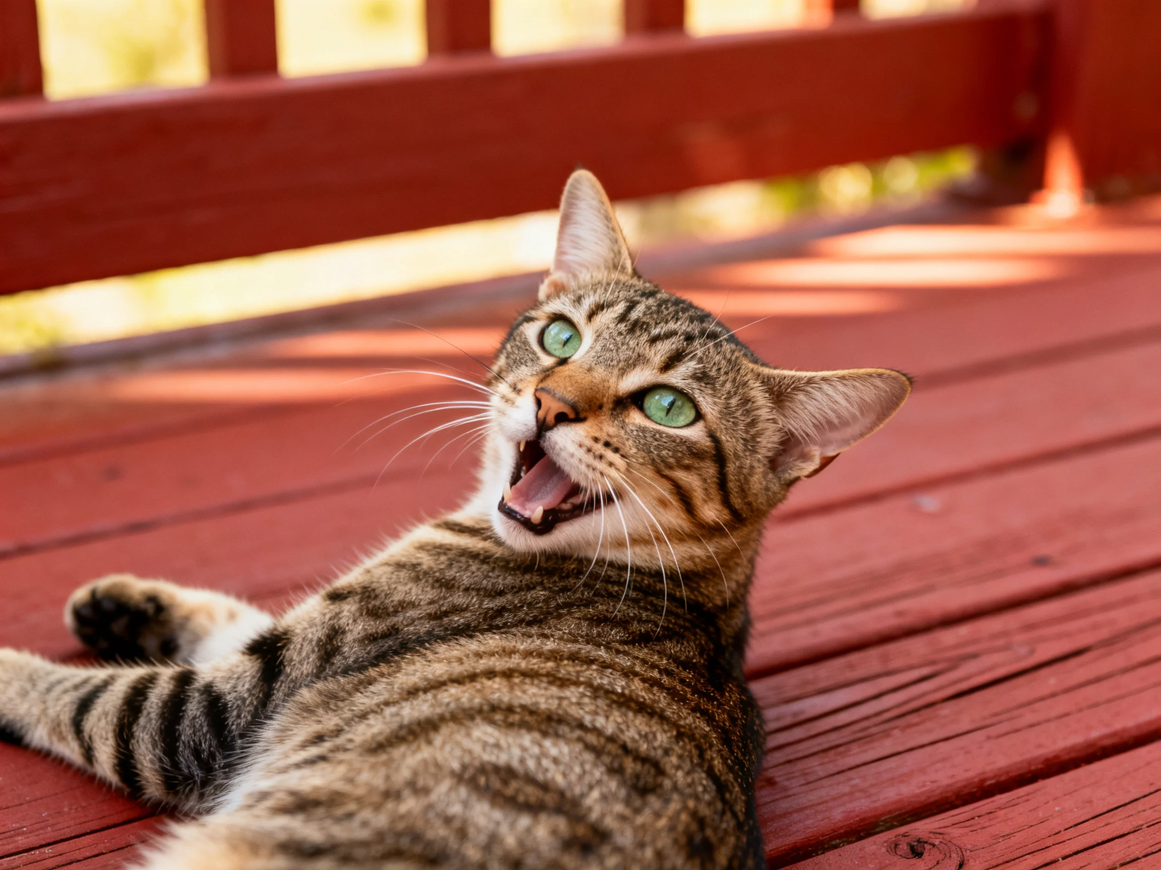 A tabby cat with green eyes lounging on a red wooden deck