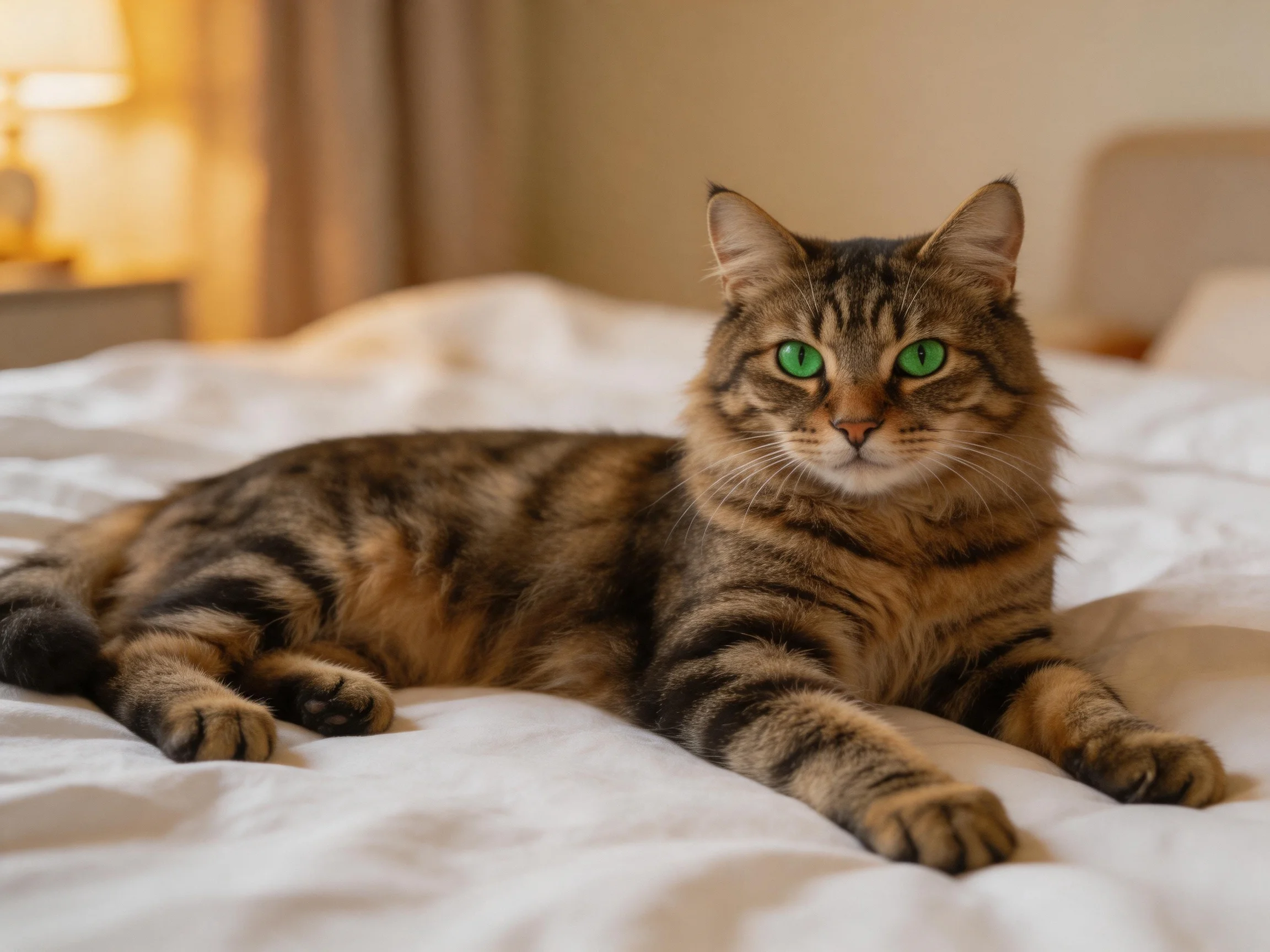 A tabby cat with green eyes lounging on a white bedspread