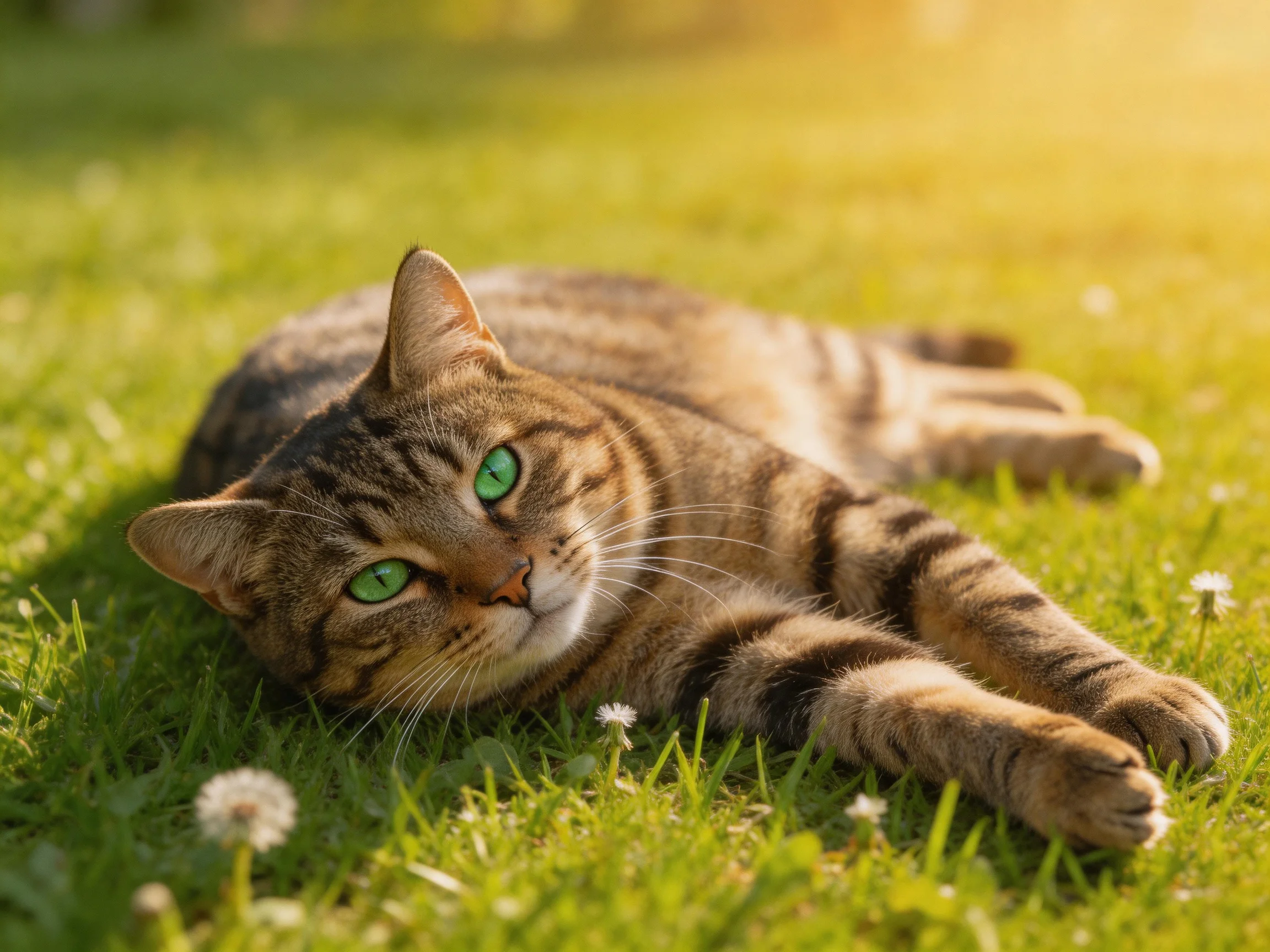 A tabby cat with green eyes lounging on sunlit grass