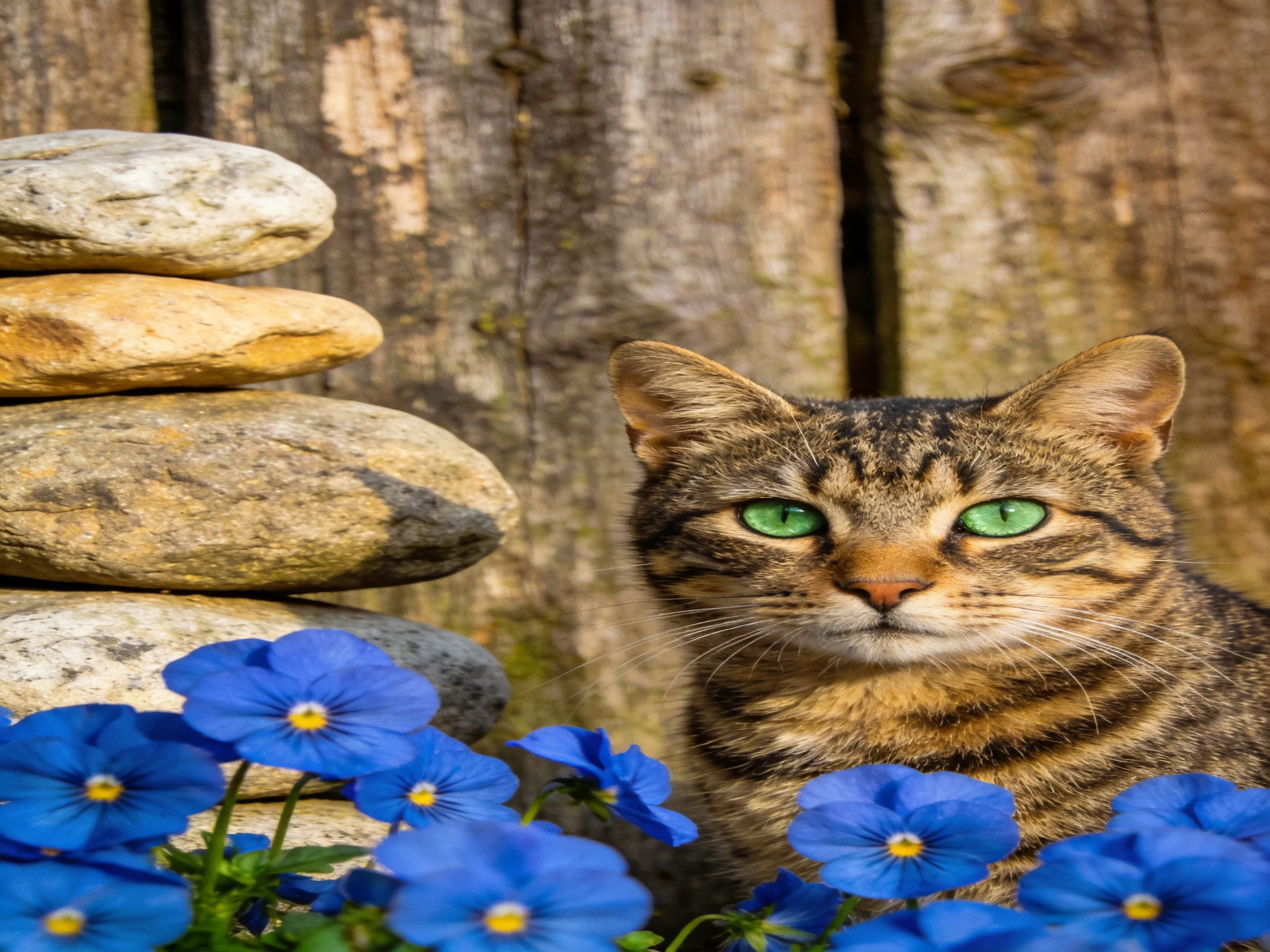 A tabby cat with green eyes sits among stacked stones and blue flowers by a wooden fence.