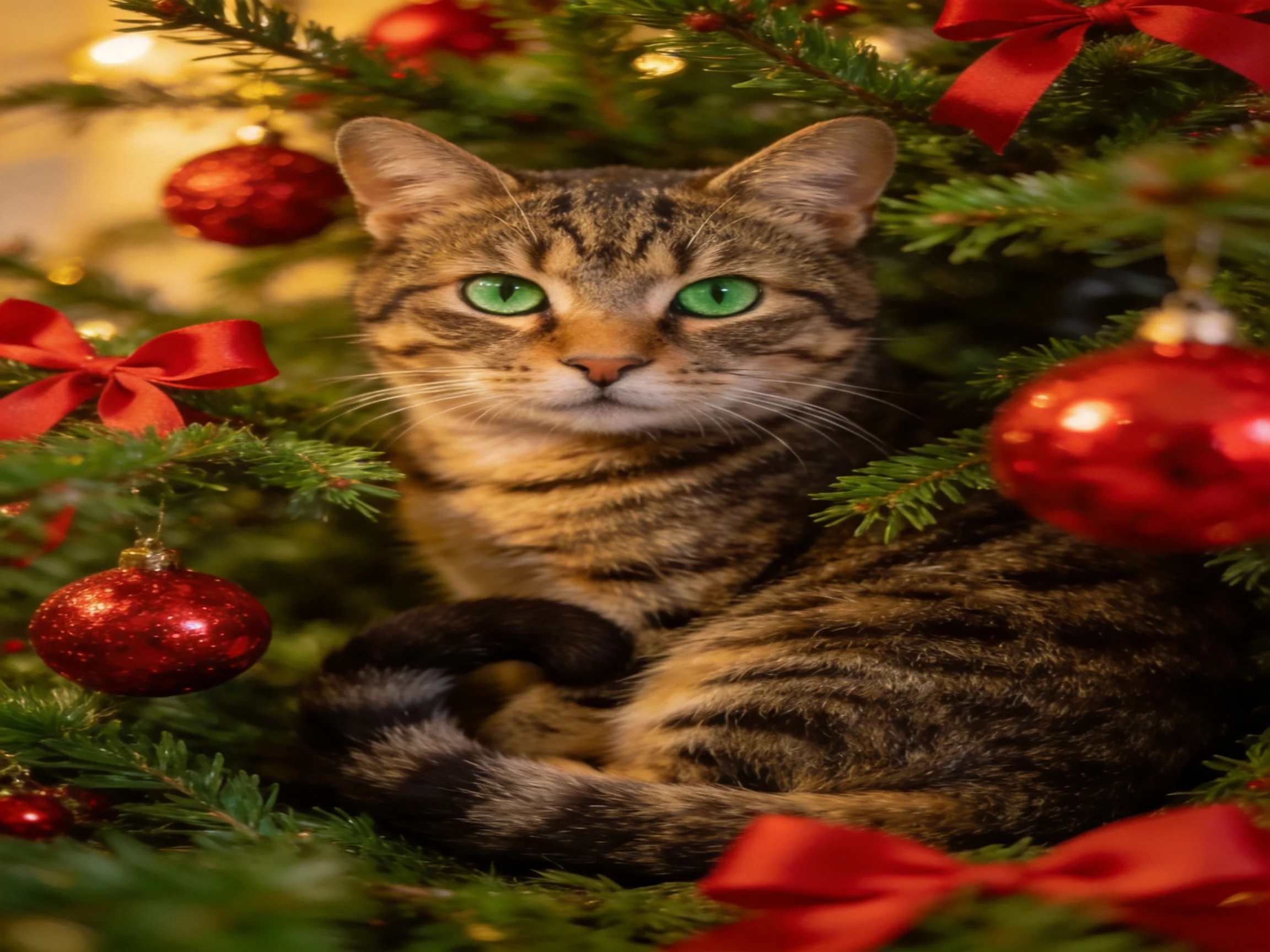 A tabby cat with green eyes nestled among a decorated Christmas tree with red ornaments