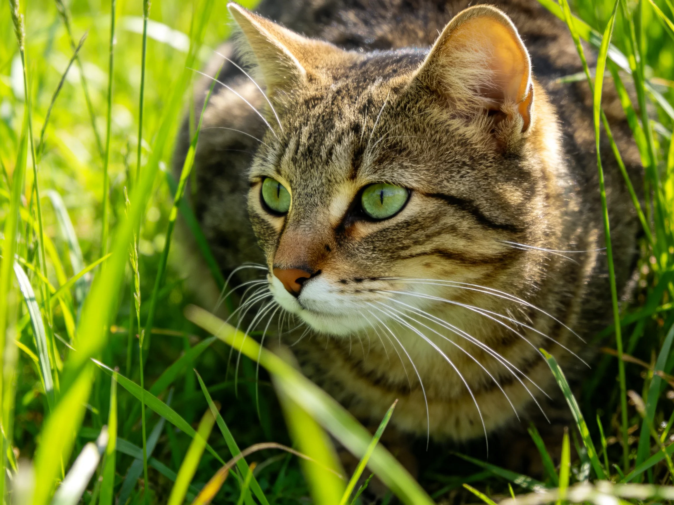 A tabby cat with green eyes nestled among tall green grass