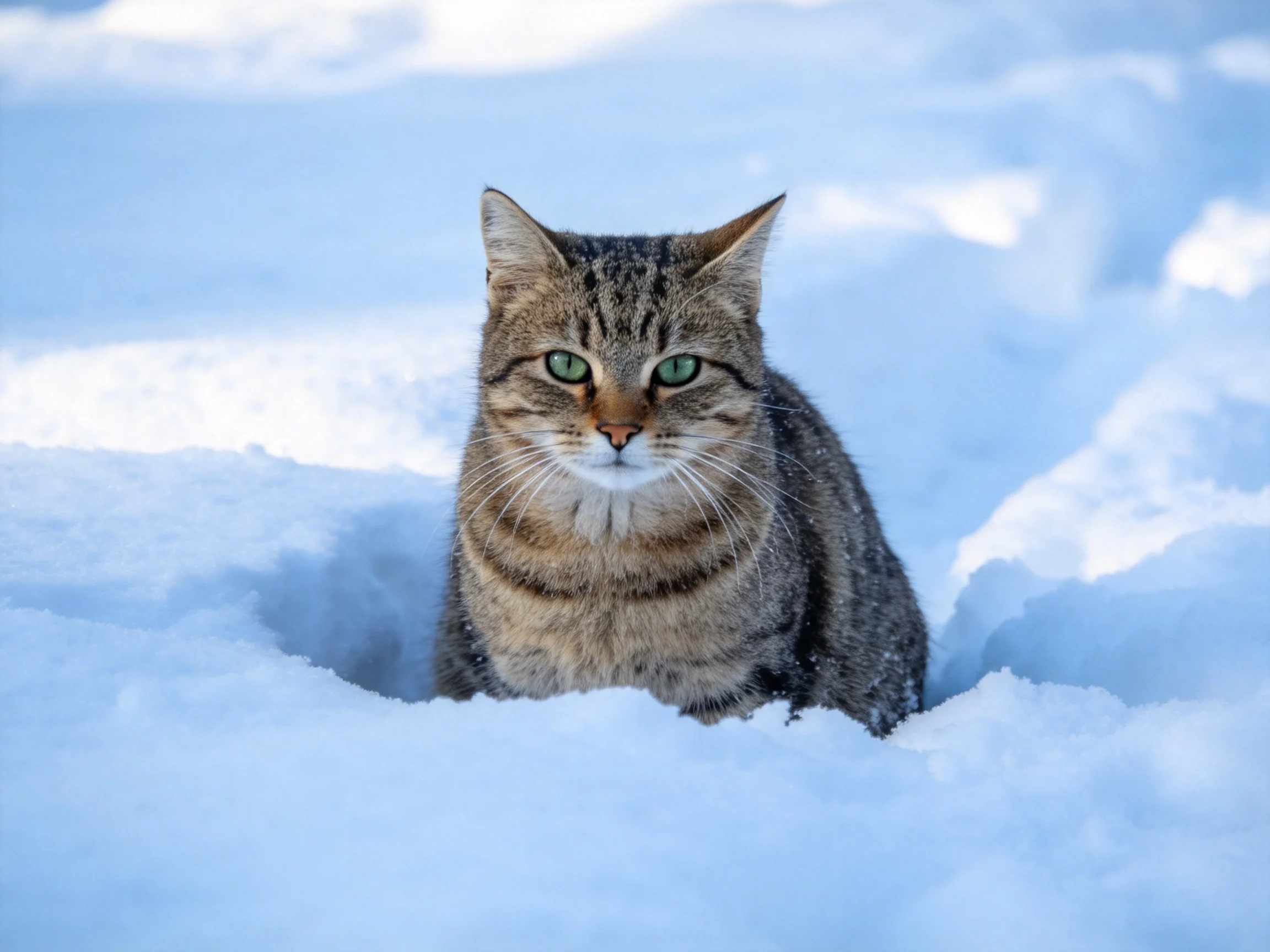A tabby cat with green eyes nestled in deep white snow
