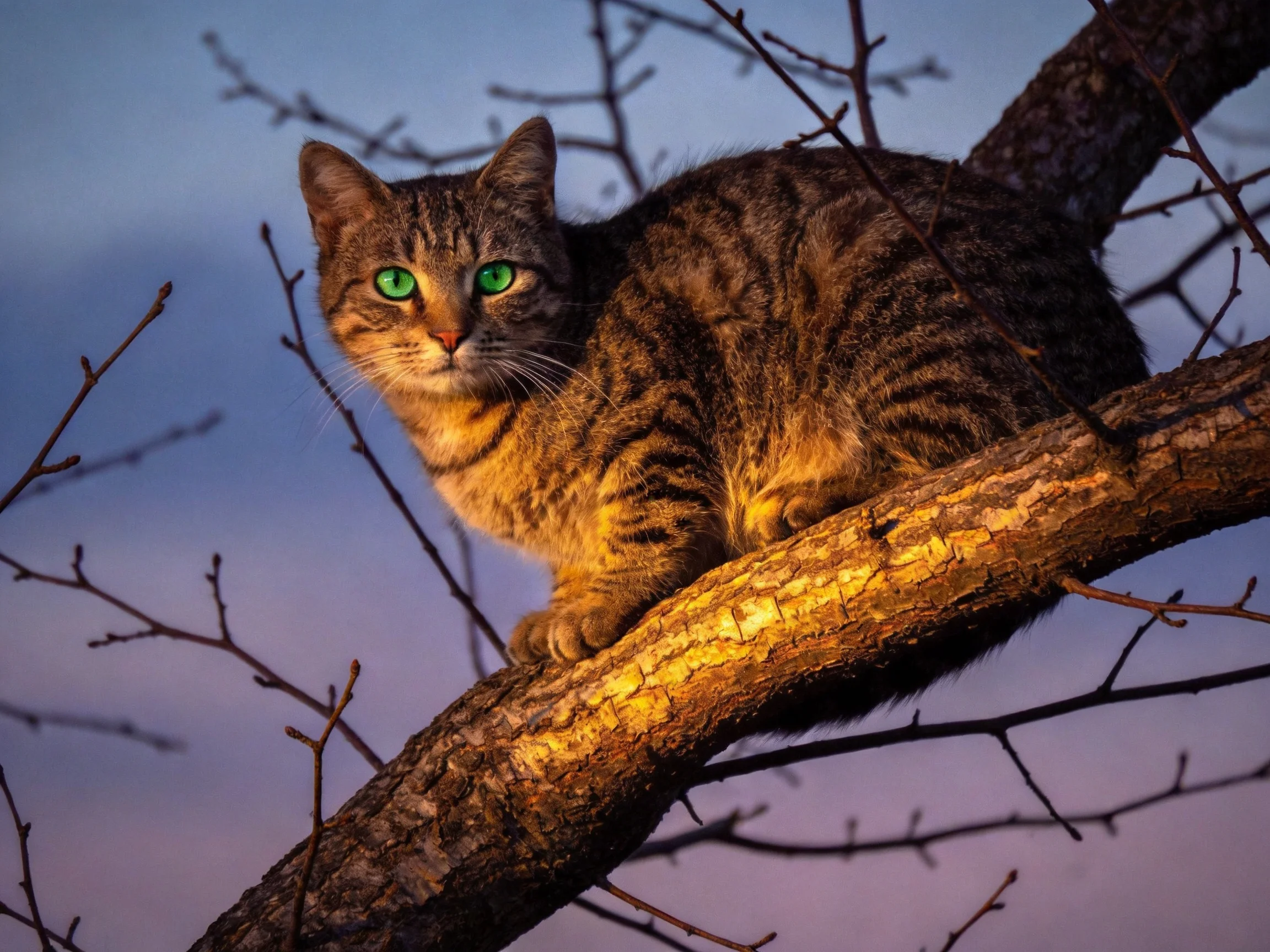 A tabby cat with green eyes on a gnarled tree branch at dusk