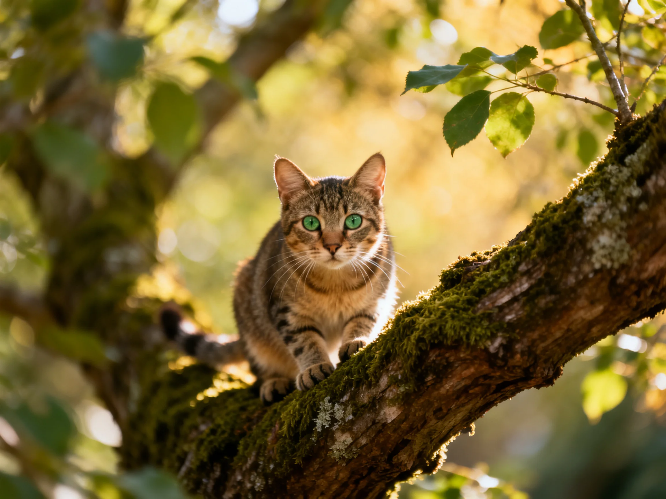 A tabby cat with green eyes on a mossy tree branch