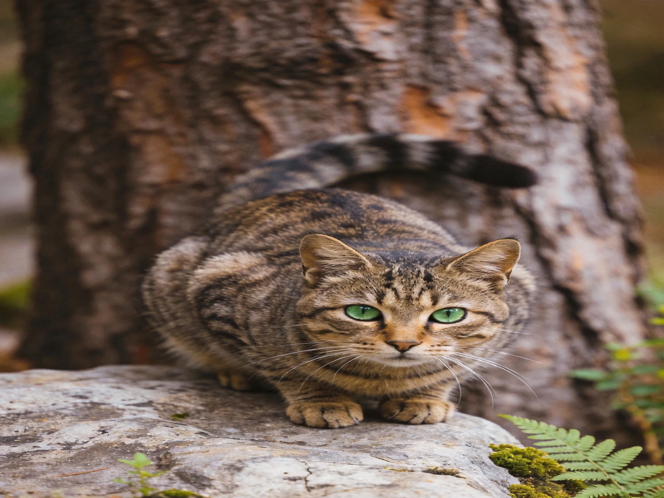 A tabby cat with green eyes on a rock beside a large textured tree trunk