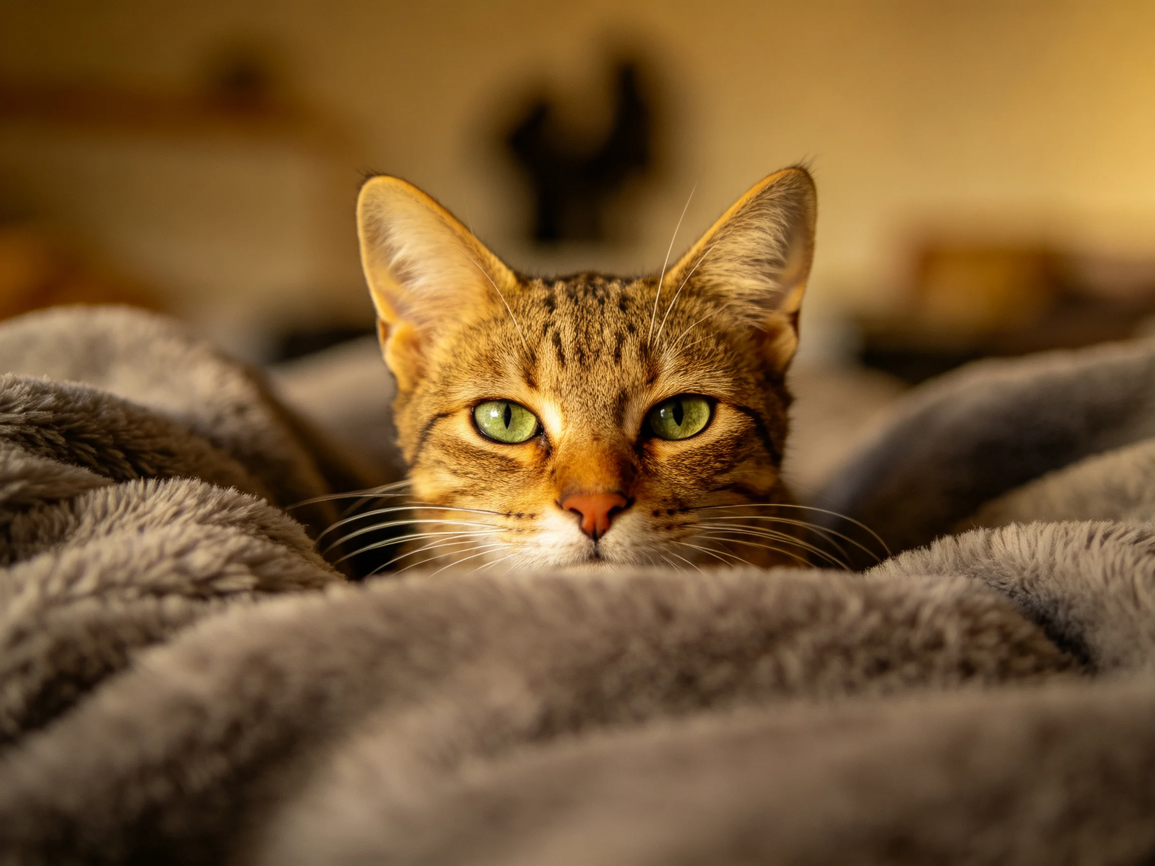 A tabby cat with green eyes peeks from a plush gray blanket