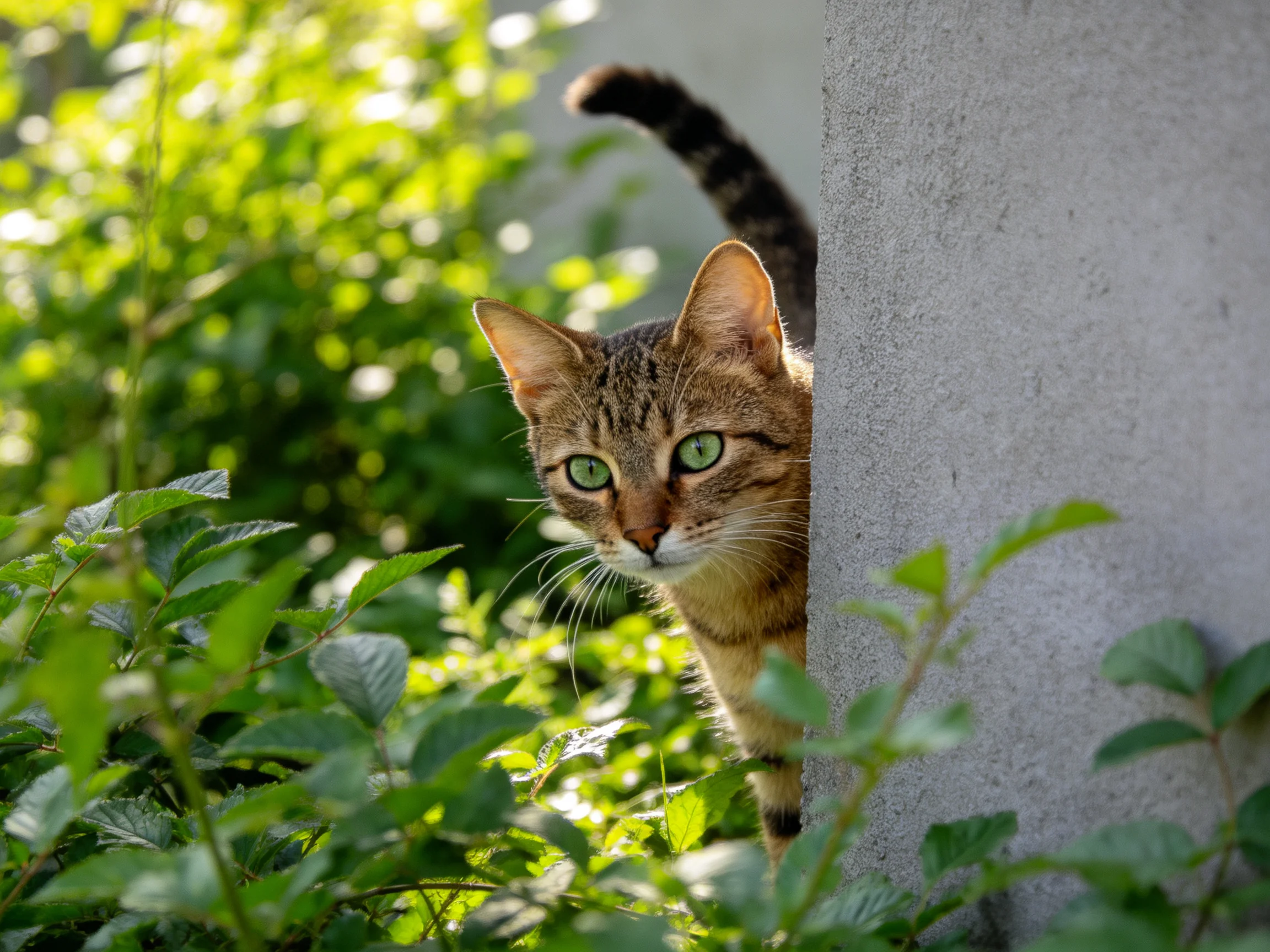 A tabby cat with green eyes peeks from behind a concrete post amid lush foliage