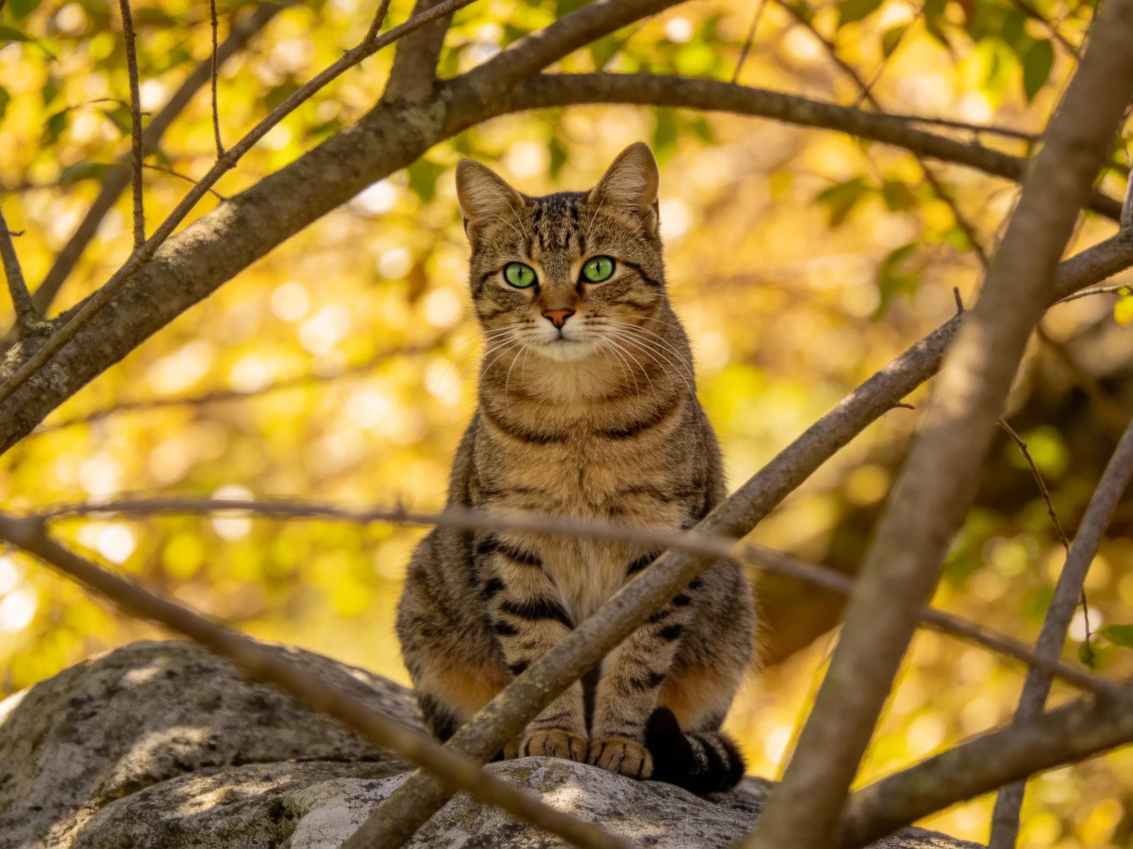 A tabby cat with green eyes perched amid tree branches on a rocky surface