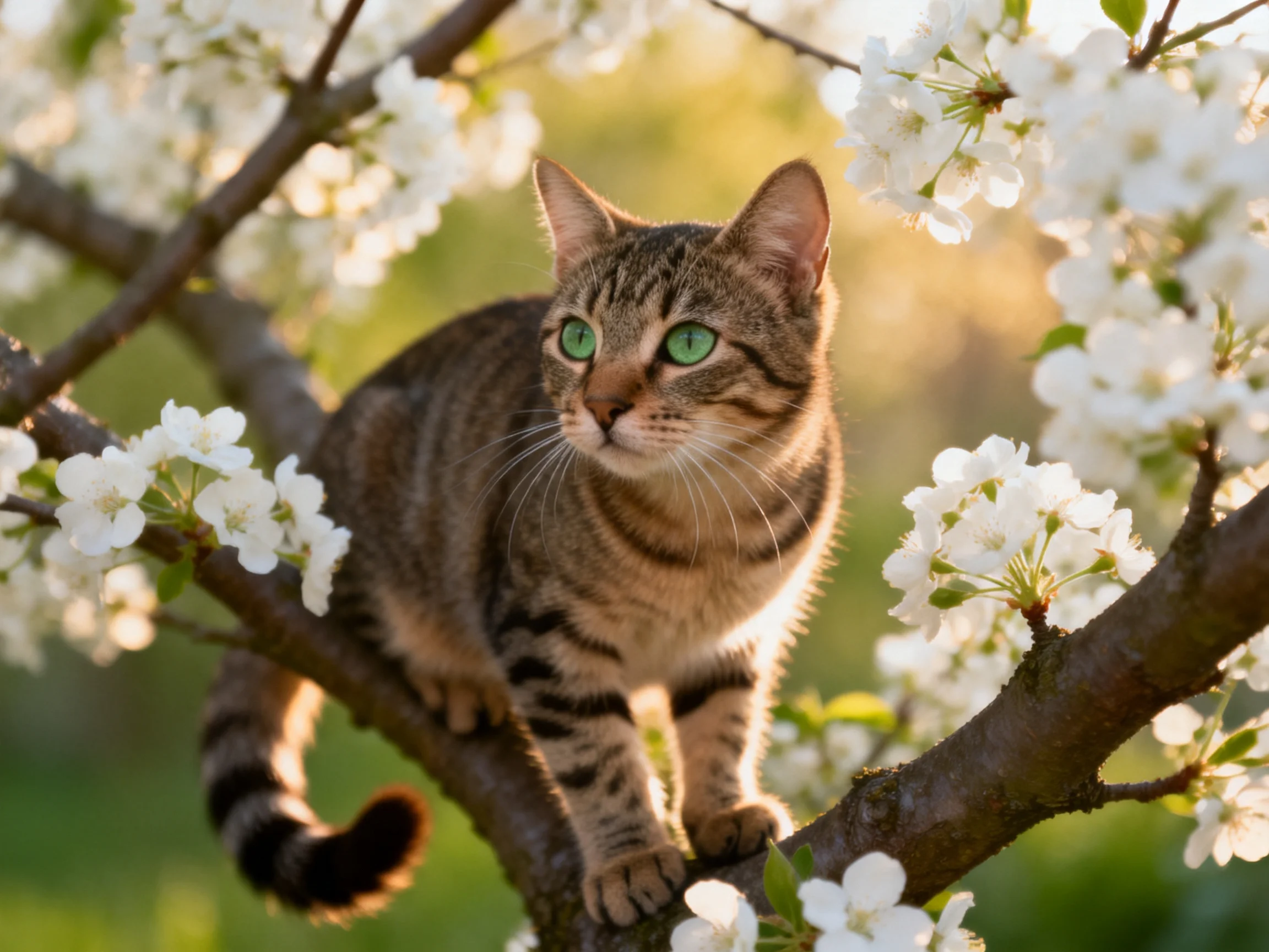 A tabby cat with green eyes perched amid white blossoms
