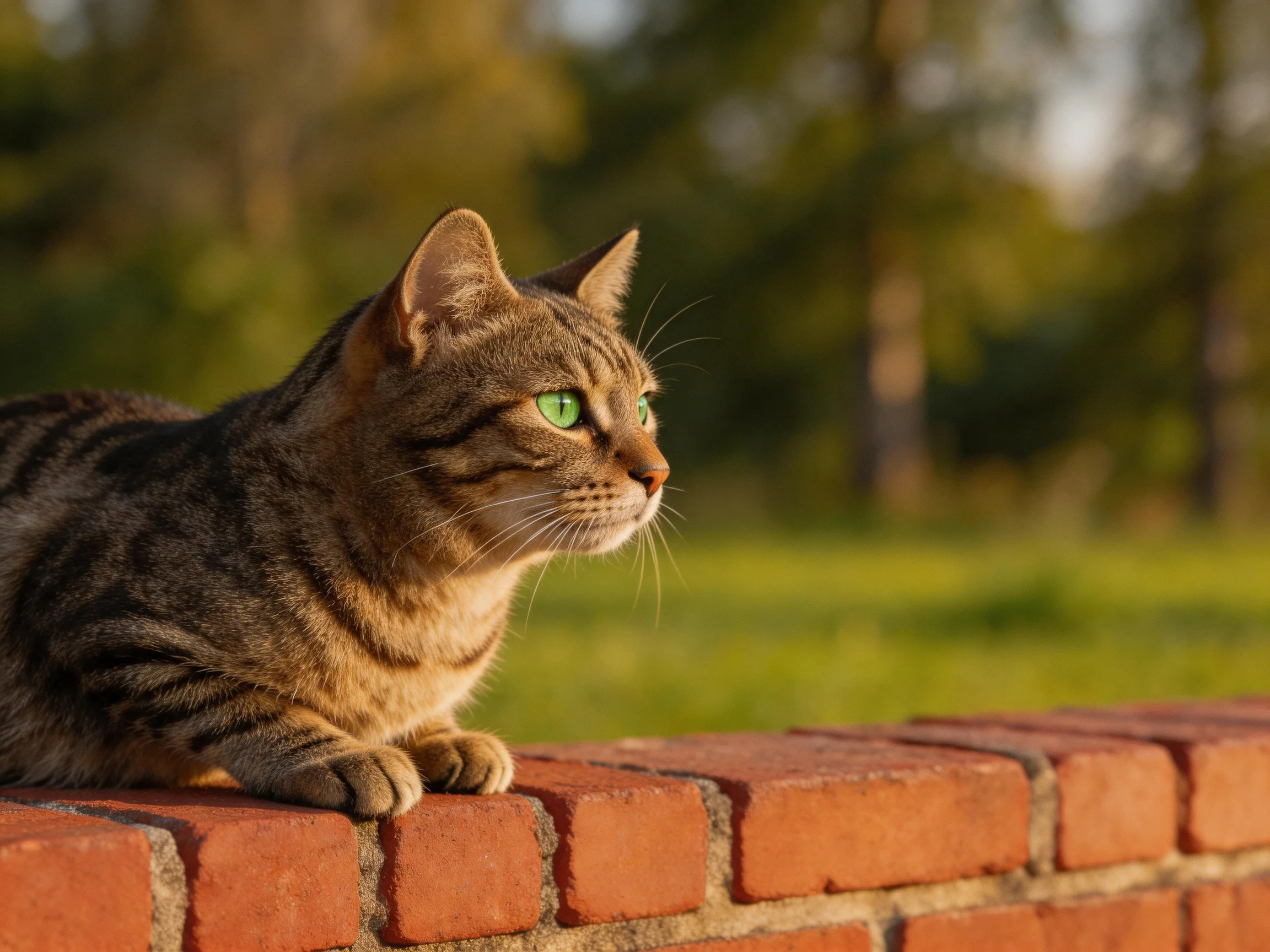 A tabby cat with green eyes perched on a red brick wall outdoors