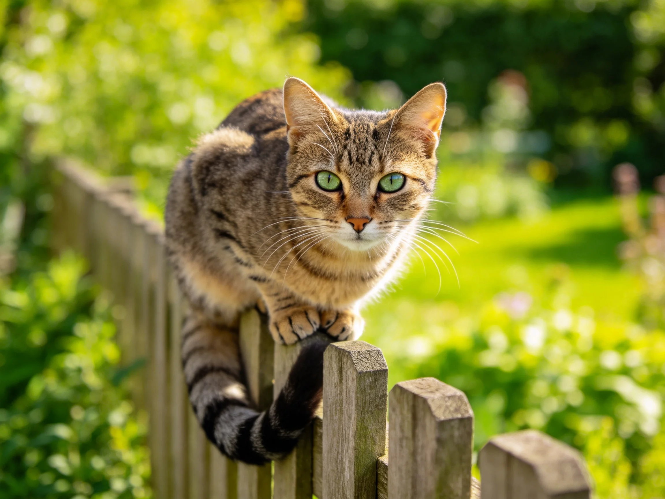 A tabby cat with green eyes perched on a wooden fence in a sunlit garden