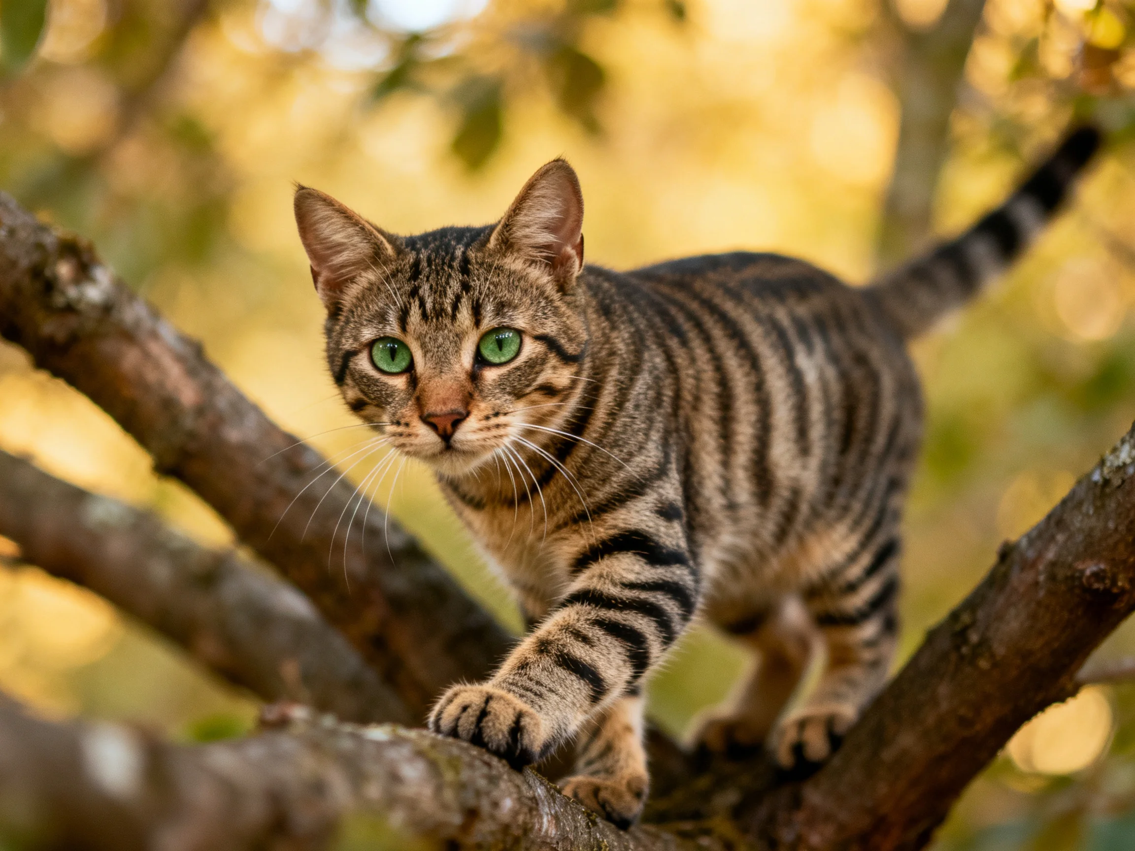 A tabby cat with green eyes stands on tree branches.