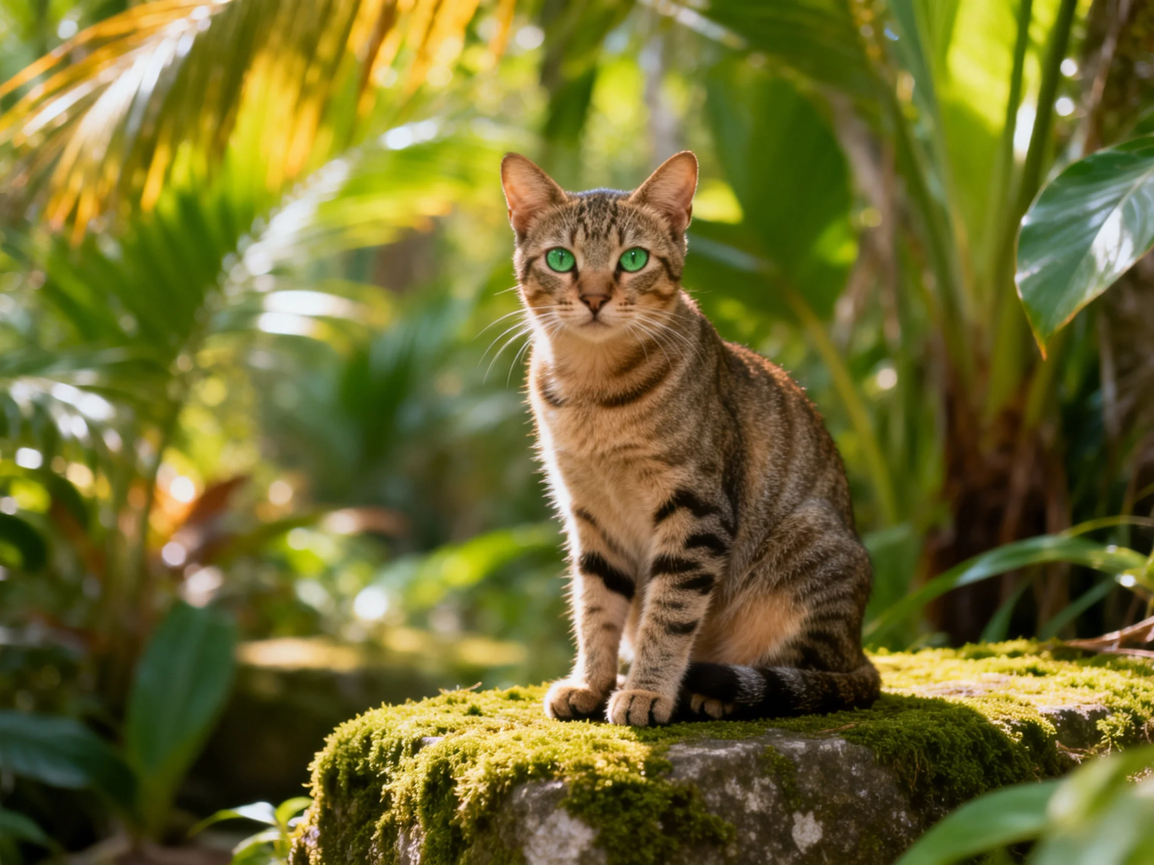 A tabby cat with green eyes sits on a mossy stone in a lush, green environment.