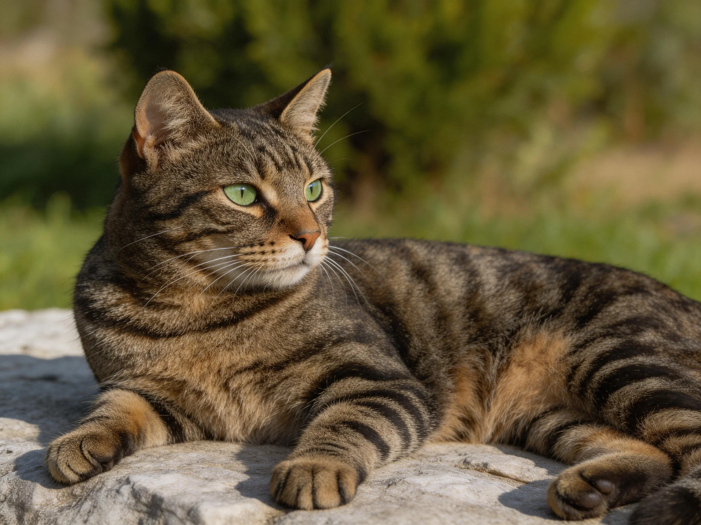 A tabby cat with green eyes rests on a rocky surface in a sunlit outdoor space