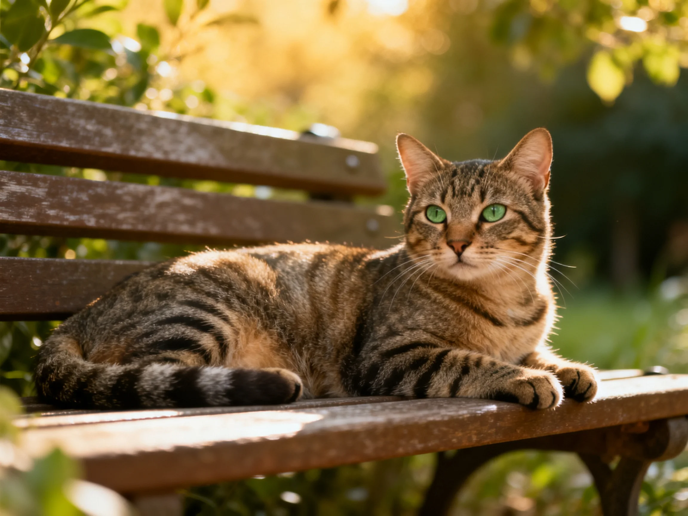 A tabby cat with green eyes relaxes on a wooden bench in a sunlit outdoor setting.