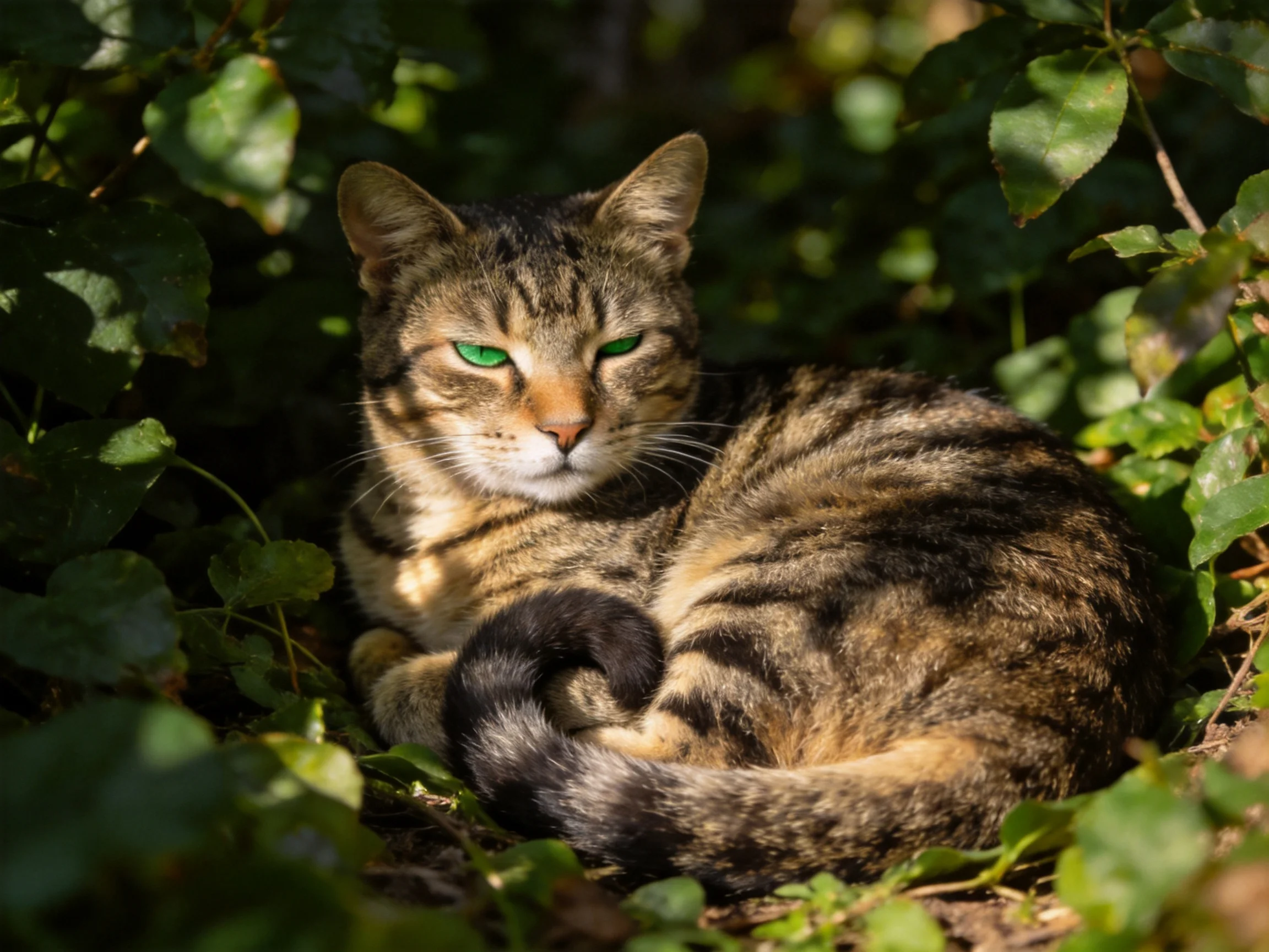 A tabby cat with green eyes relaxes in dense green foliage