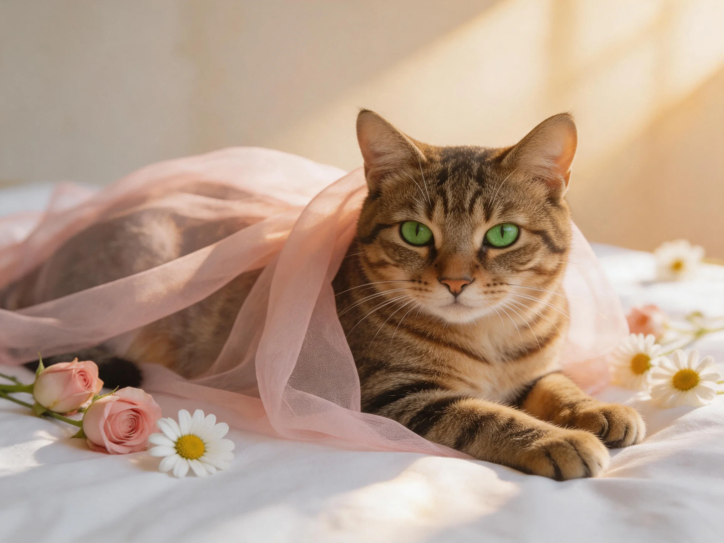 A tabby cat with green eyes is surrounded by pink fabric and flowers on a white bed.