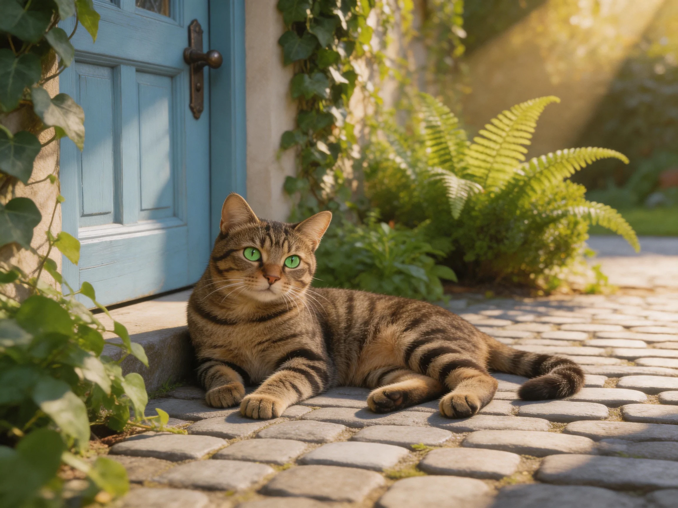 A tabby cat with green eyes rests by a blue wooden door on cobblestones