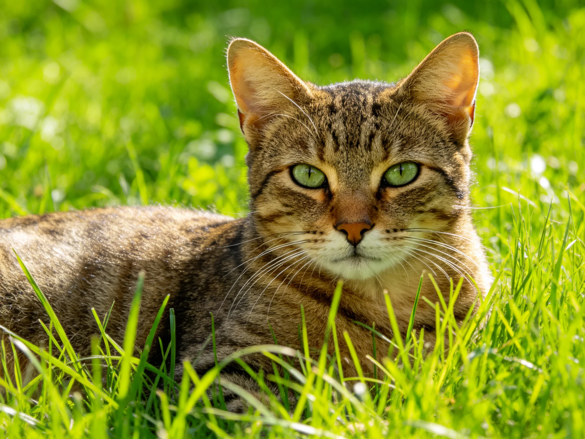 A tabby cat with green eyes relaxes in a sunlit grassy area.