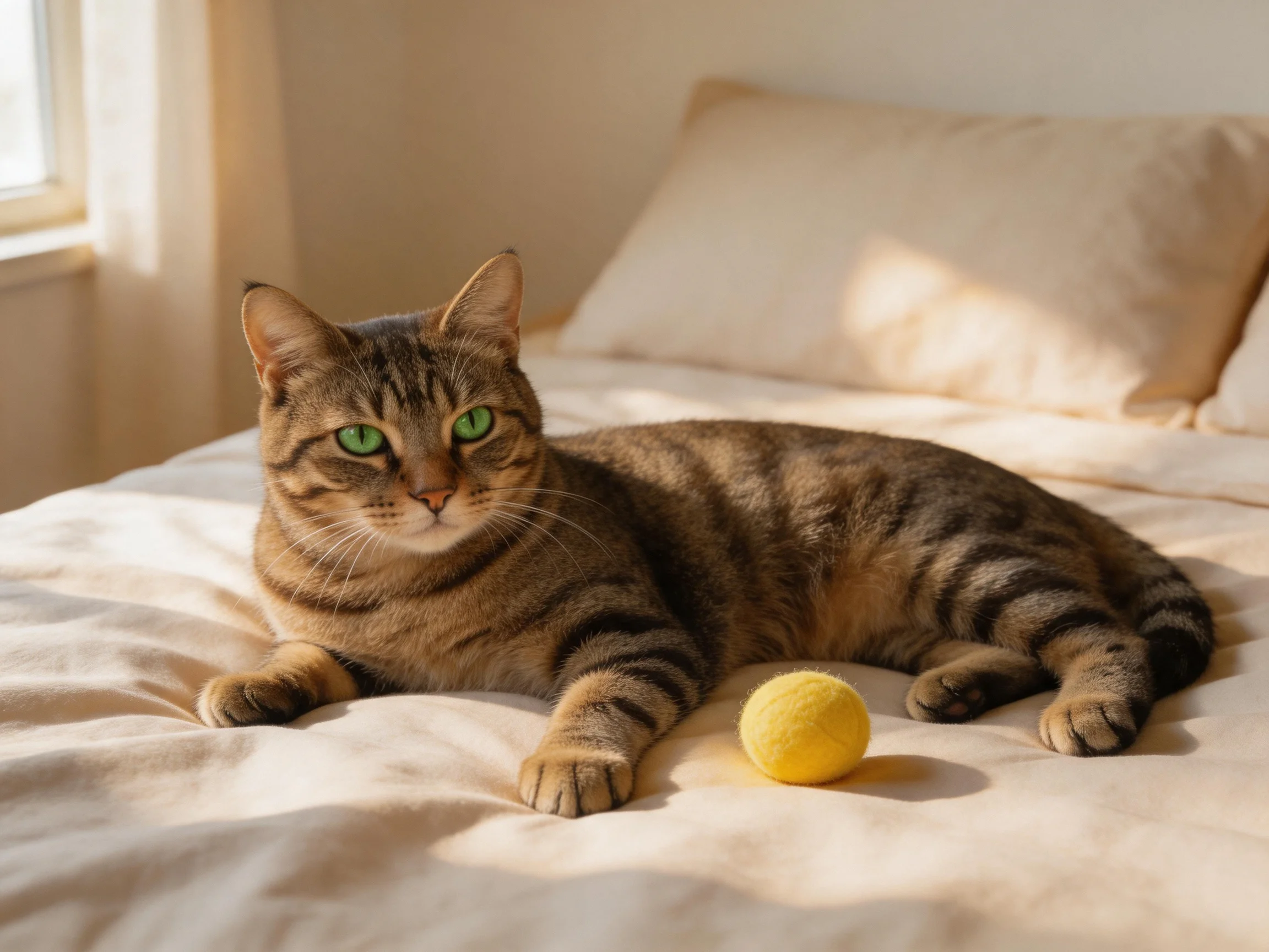 A tabby cat with green eyes rests on a bed near a yellow toy ball