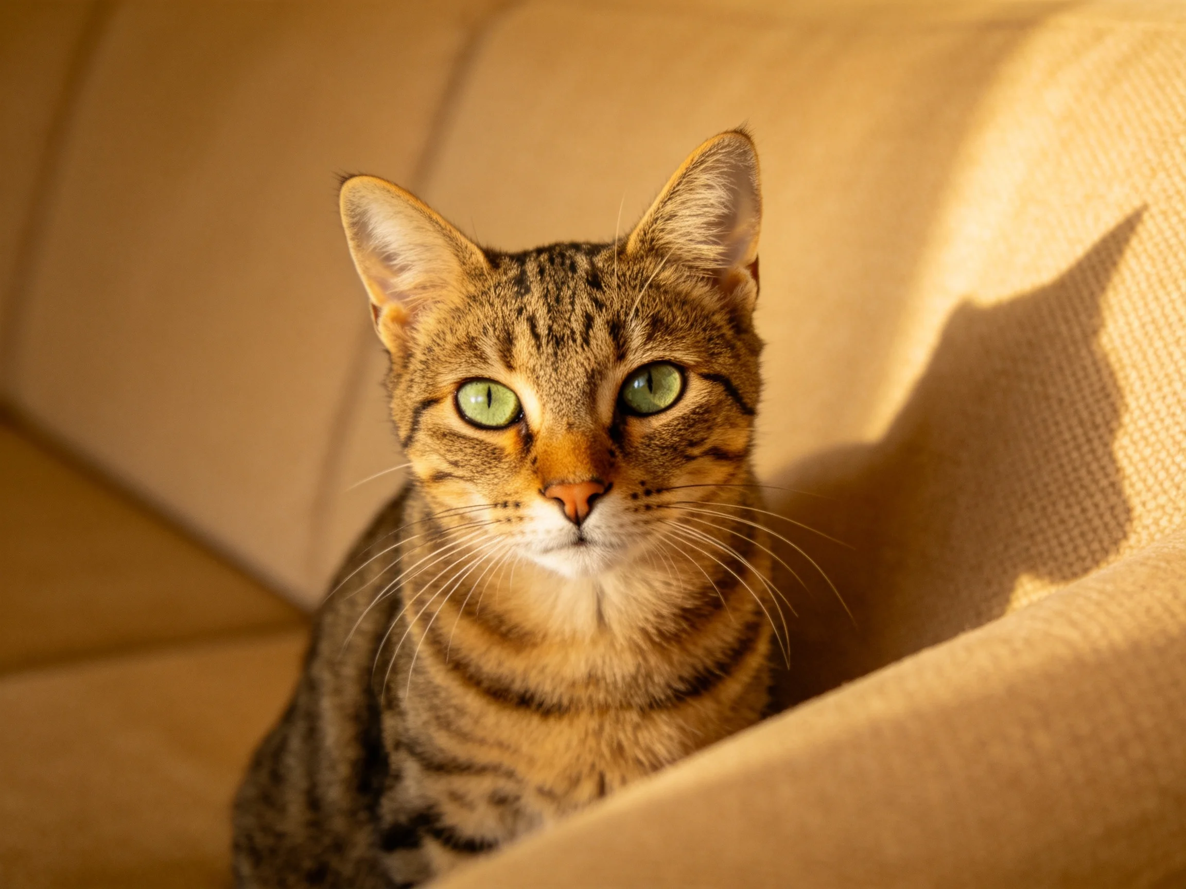 A tabby cat with green eyes sits calmly on a beige couch.
